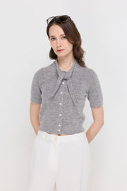 MELANGE TIE-NECK KNIT CARDIGAN