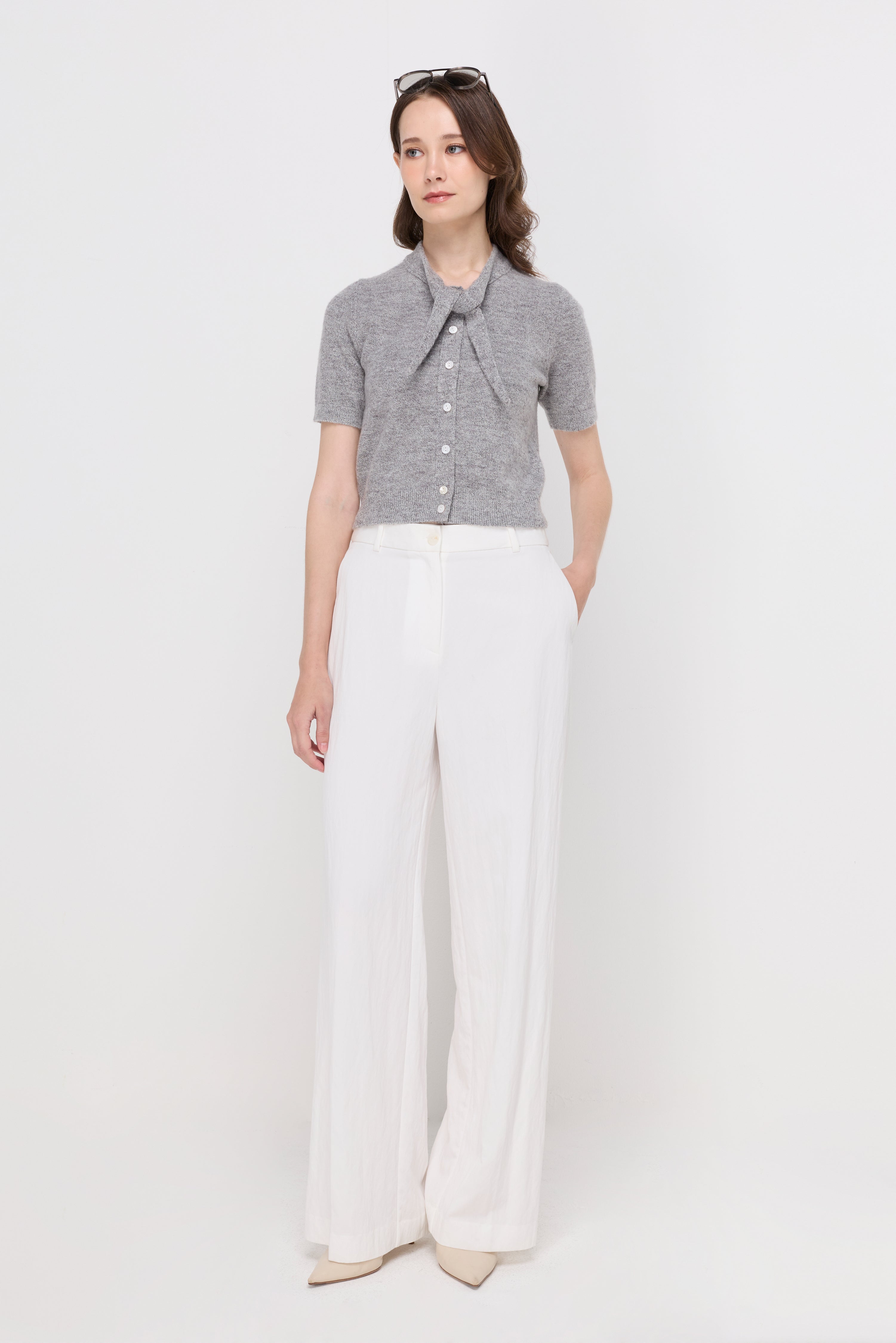 MELANGE TIE-NECK KNIT CARDIGAN