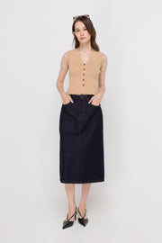 HIGH-RISE DENIM MIDI SKIRT