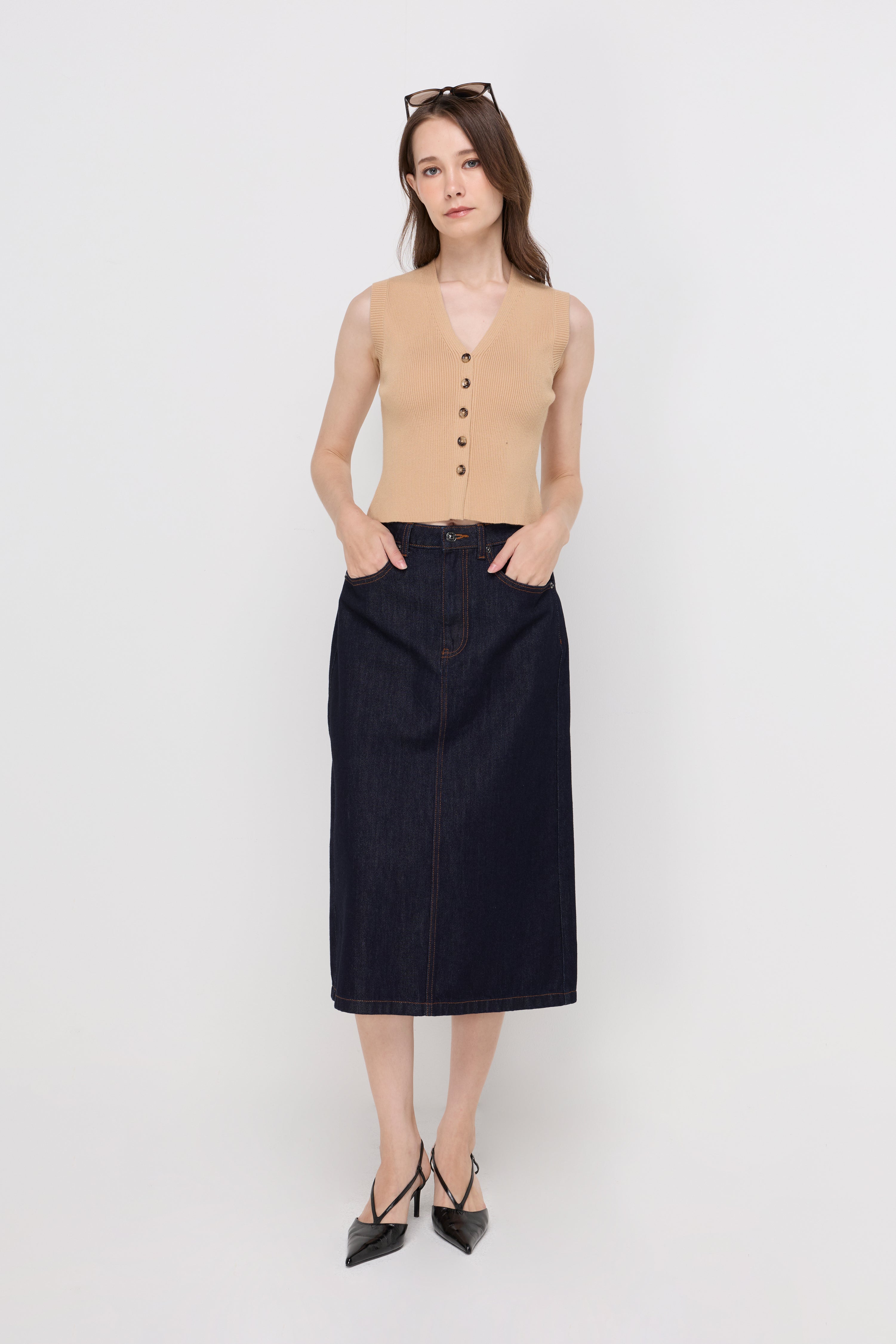 HIGH-RISE DENIM MIDI SKIRT
