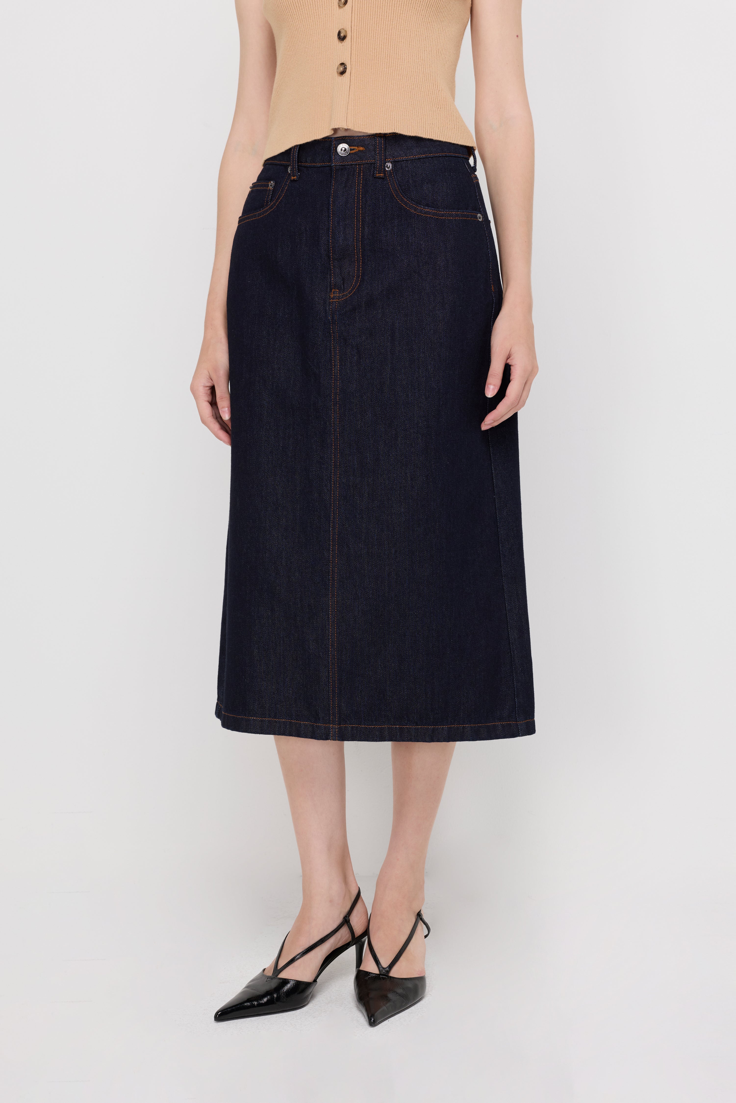 HIGH-RISE DENIM MIDI SKIRT