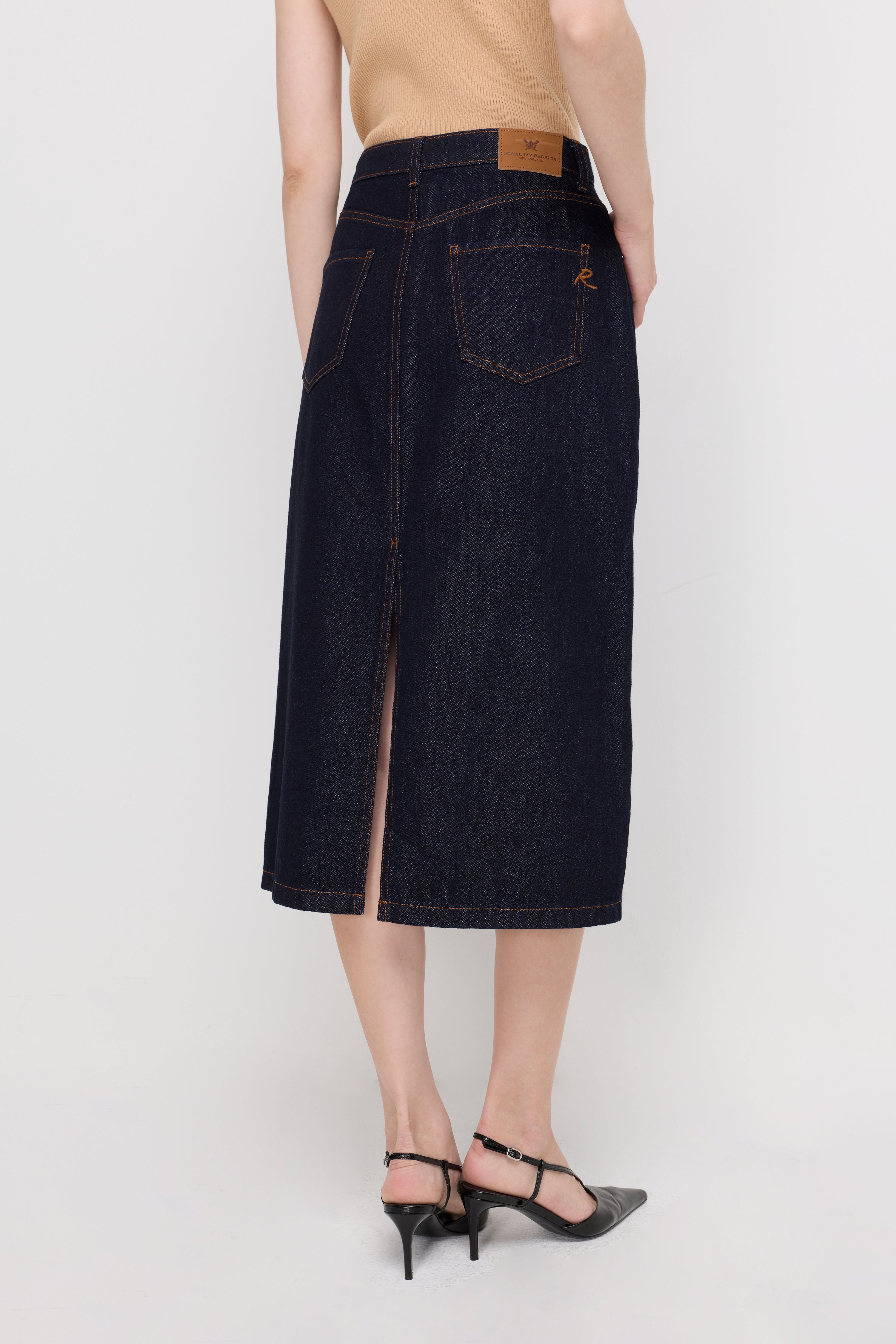 HIGH-RISE DENIM MIDI SKIRT