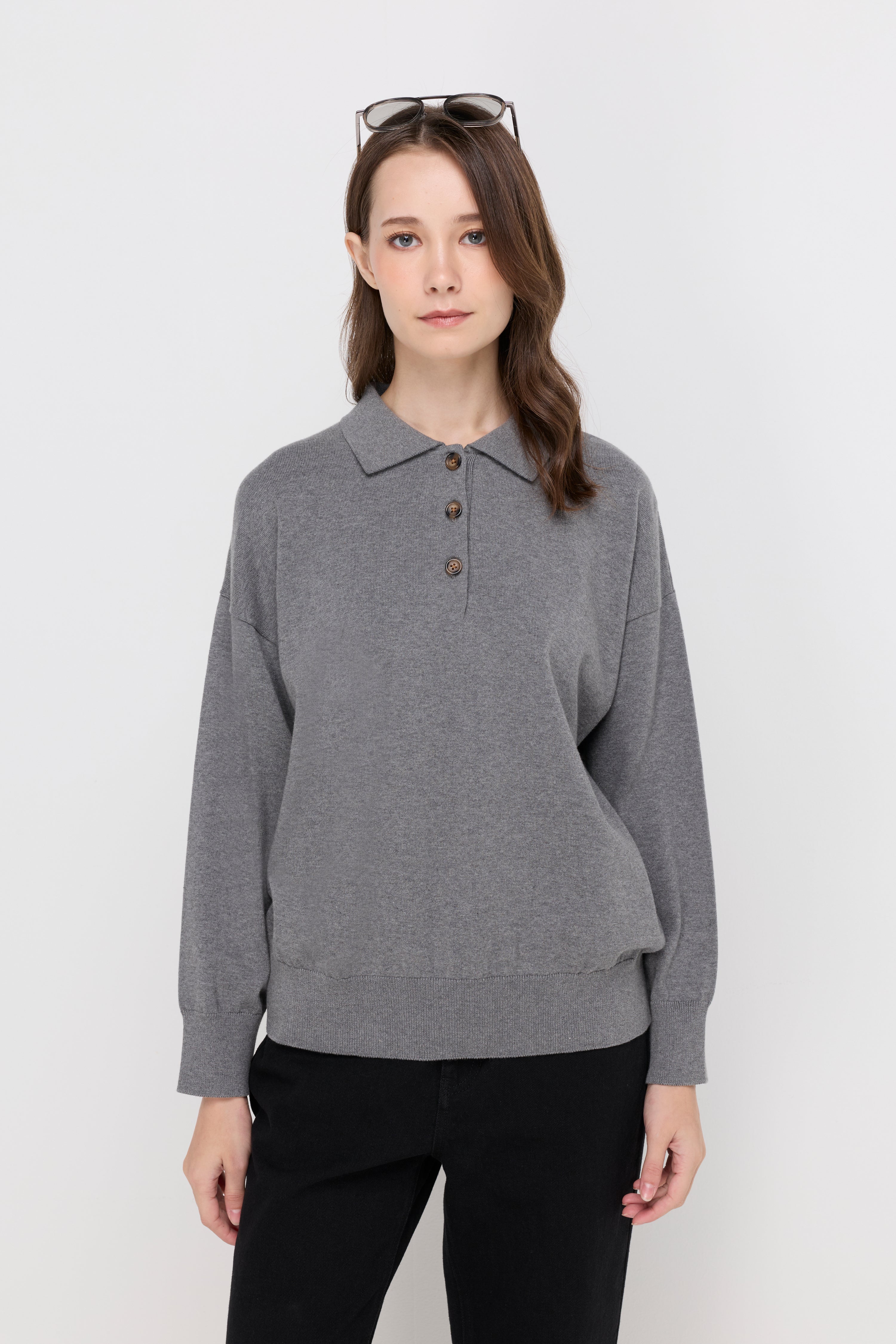 BUTTON-PLACKET KNIT POLO TOP