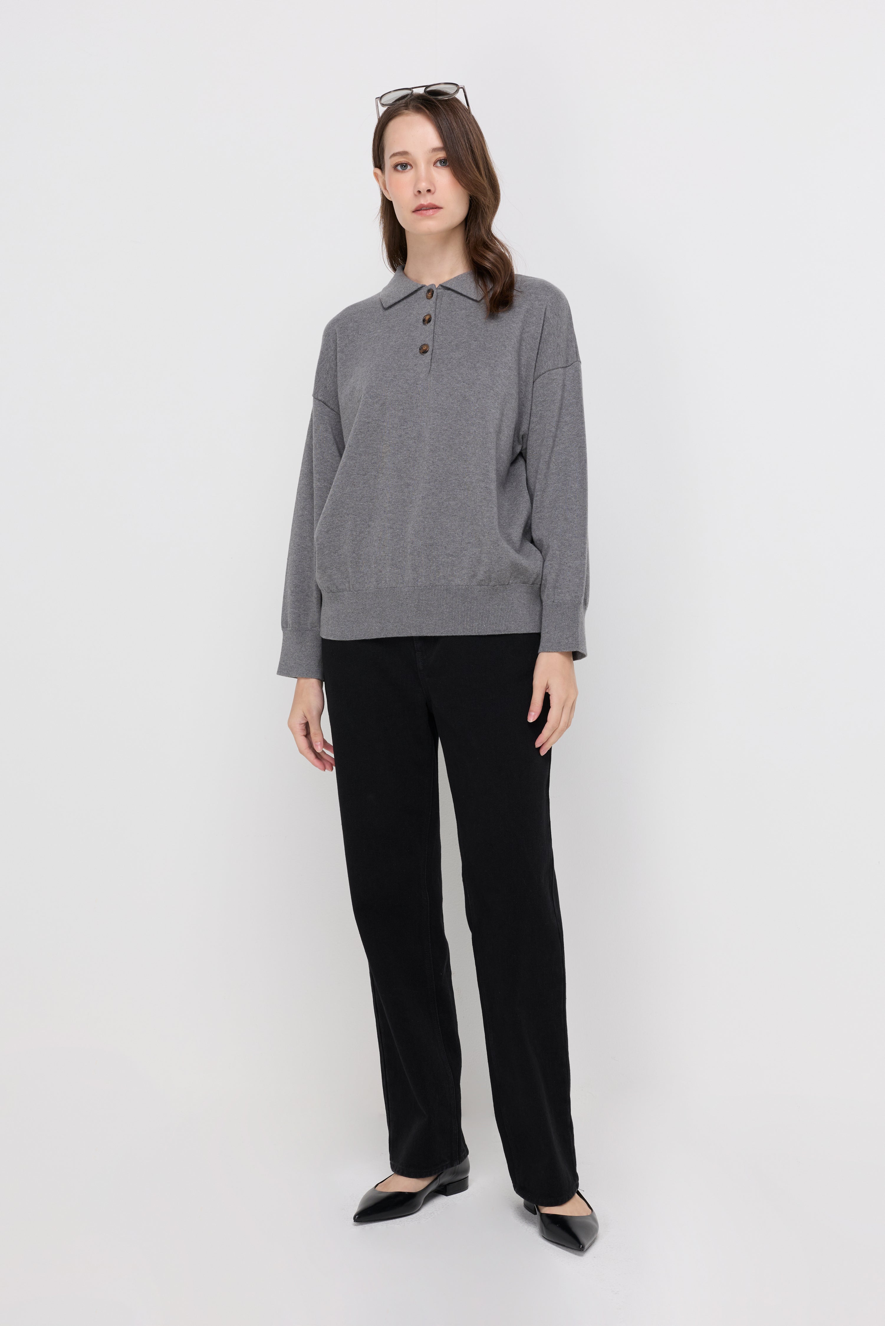 BUTTON-PLACKET KNIT POLO TOP