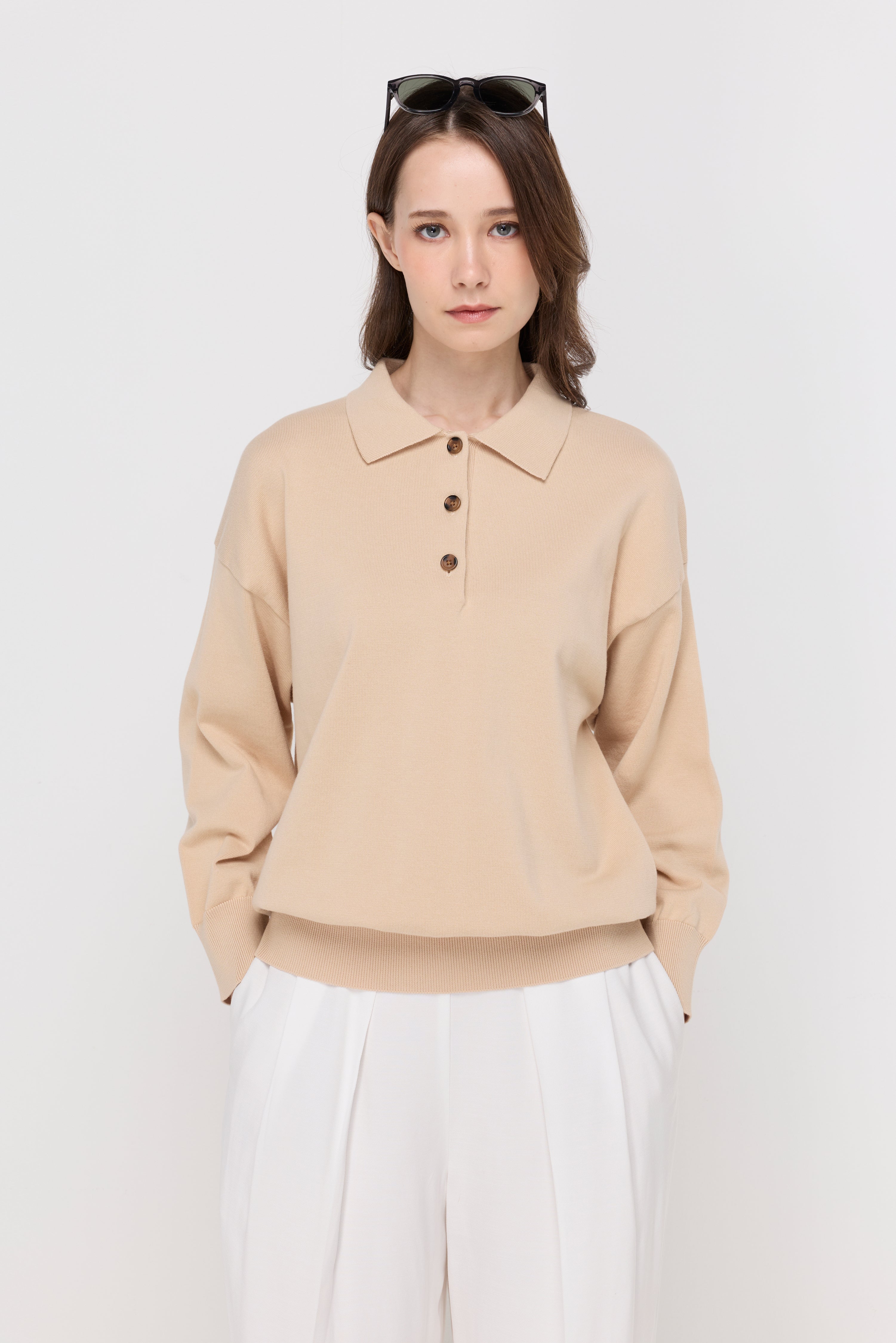BUTTON-PLACKET KNIT POLO TOP