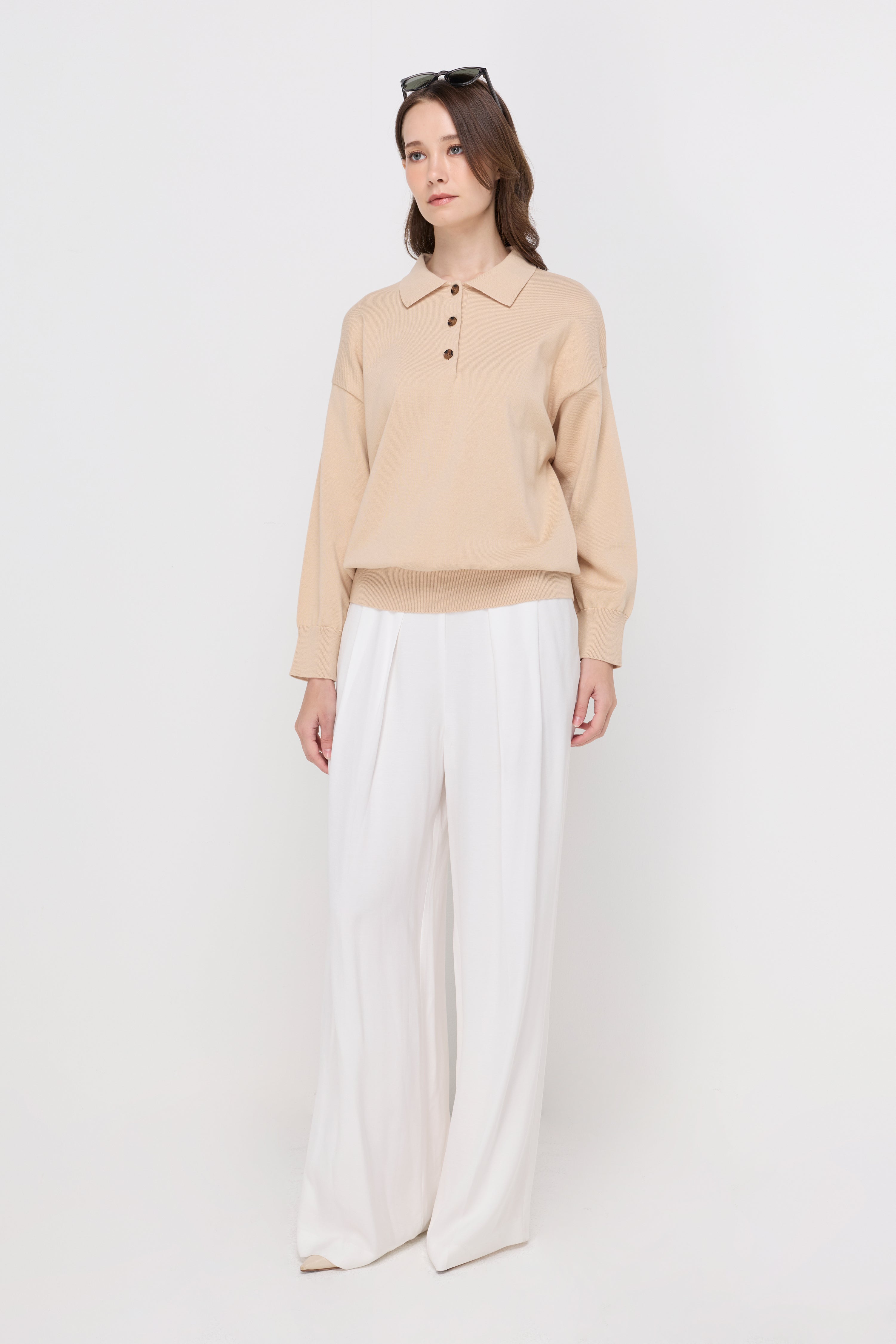 BUTTON-PLACKET KNIT POLO TOP