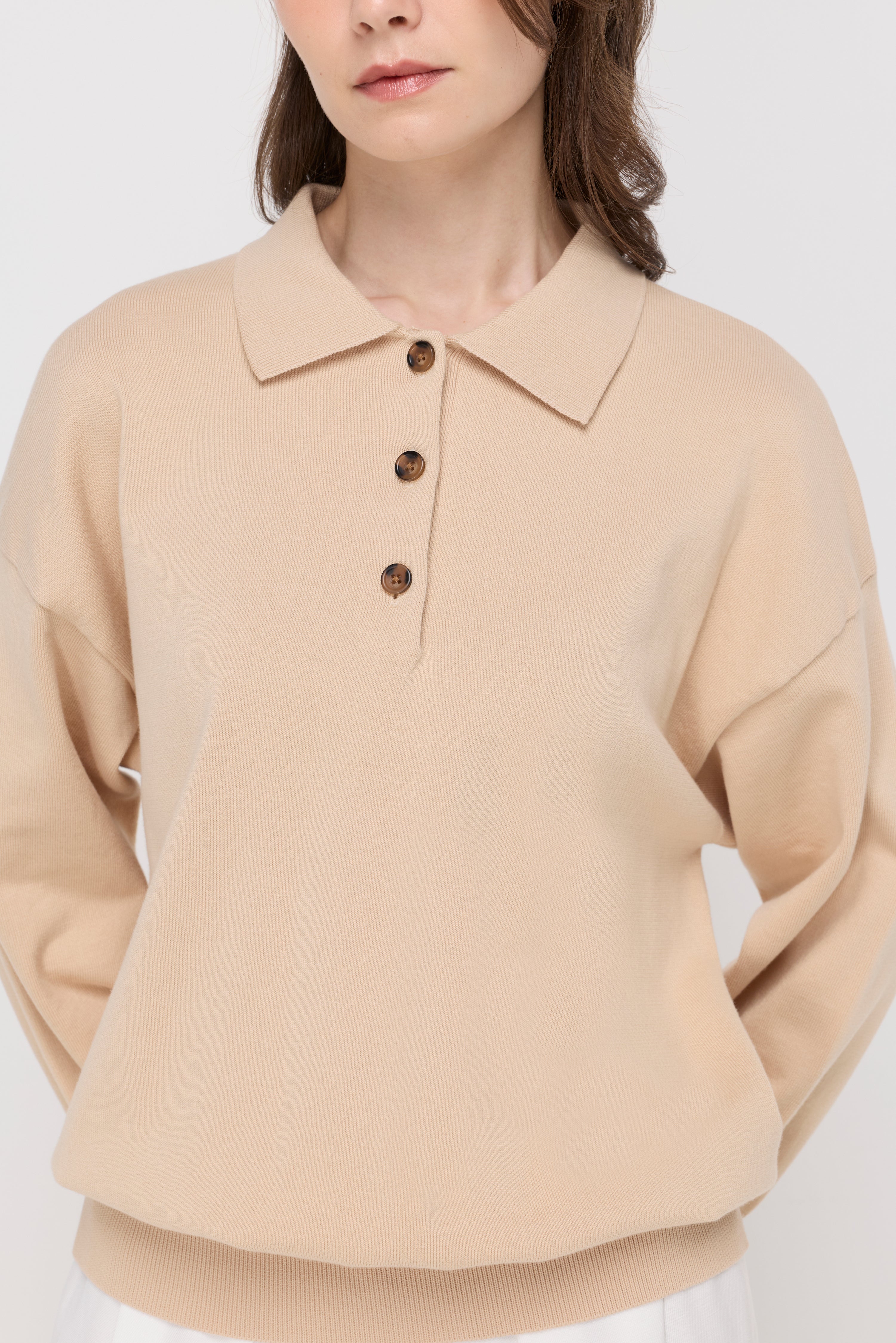 BUTTON-PLACKET KNIT POLO TOP