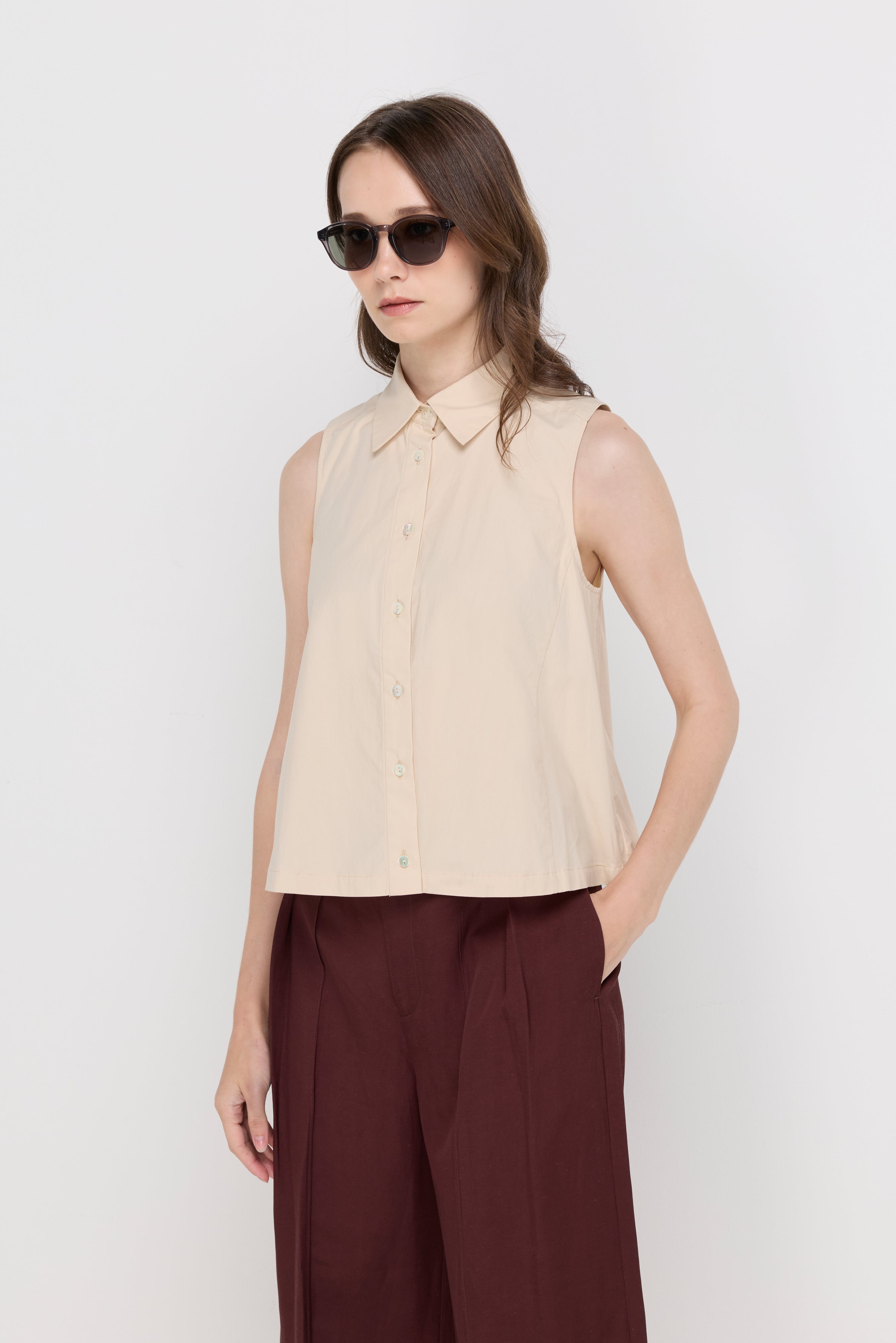 SLEEVELESS COTTON PUFF-SHOULDER BLOUSE