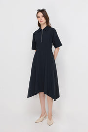 ZIP-NECK FIT-AND-FLARE MIDI DRESS