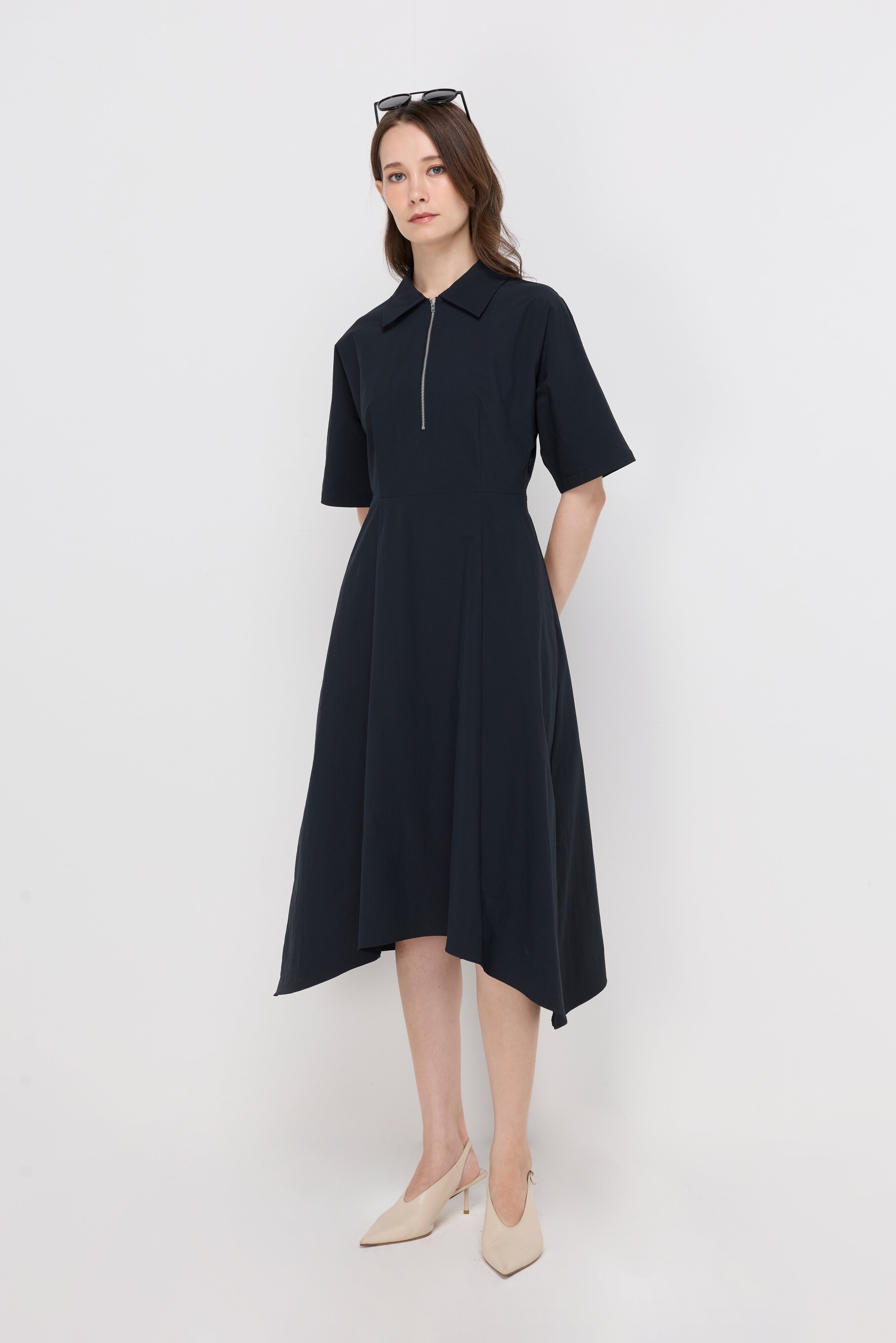 ZIP-NECK FIT-AND-FLARE MIDI DRESS
