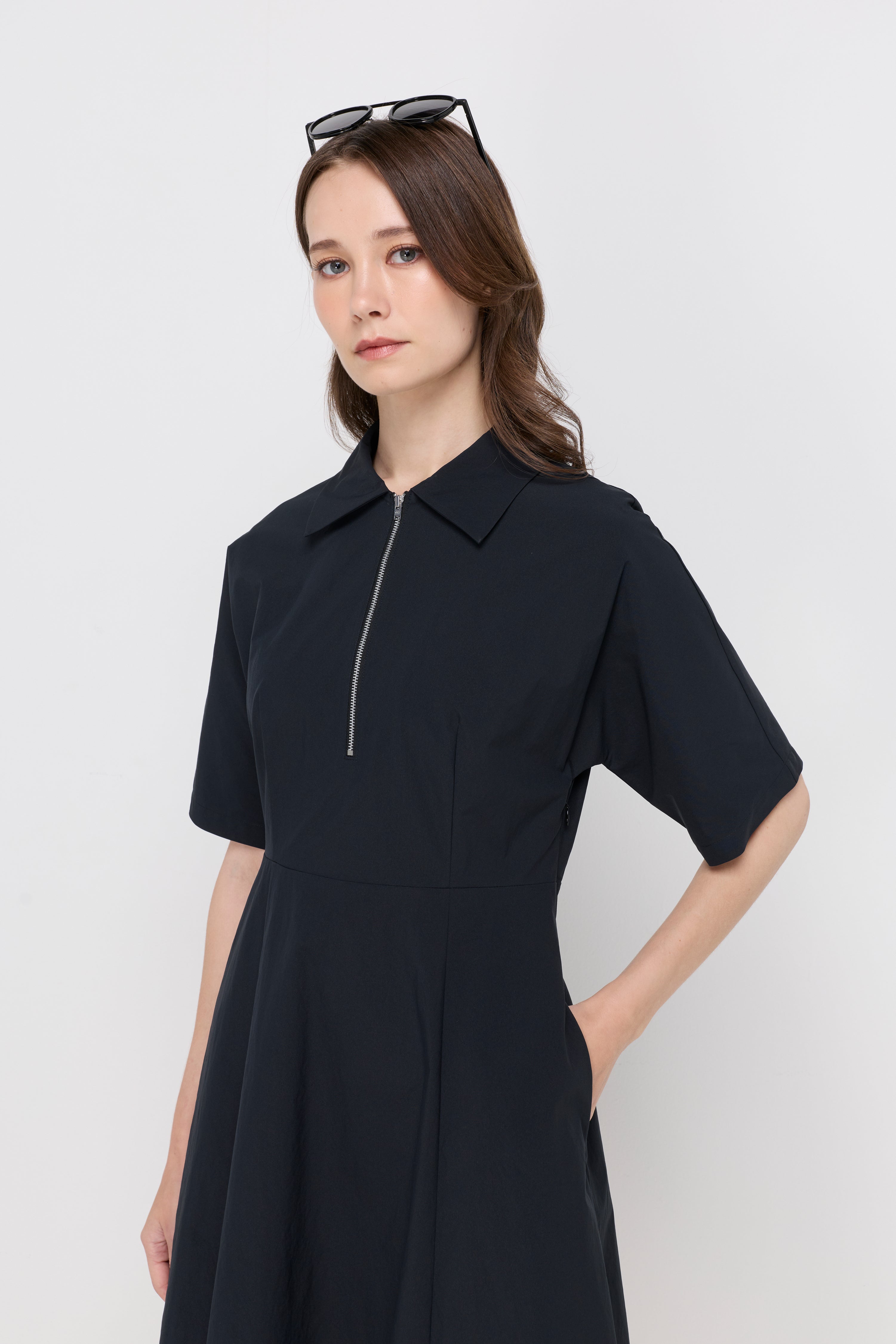 ZIP-NECK FIT-AND-FLARE MIDI DRESS