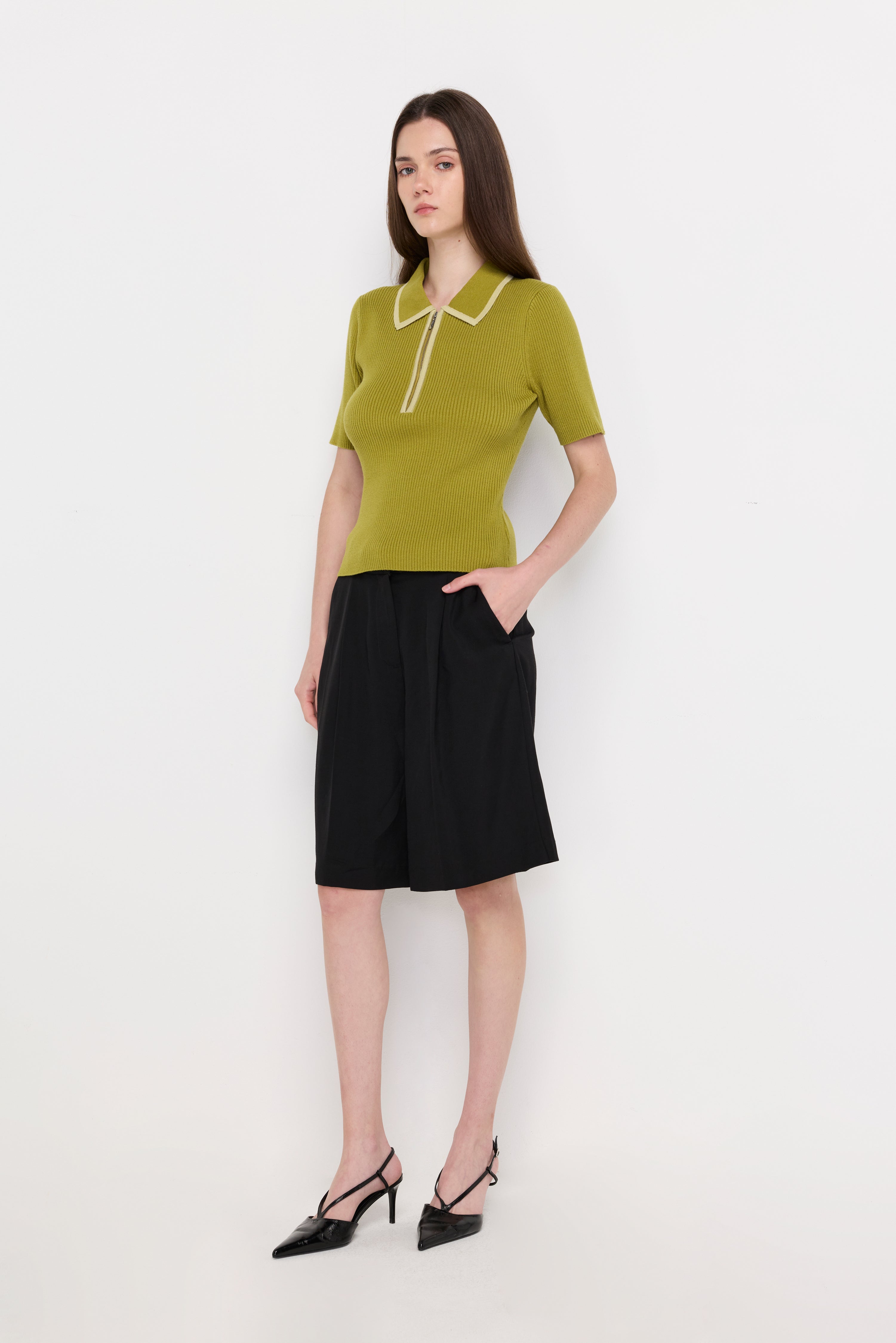 RIBBED ZIP-NECK KNIT POLO