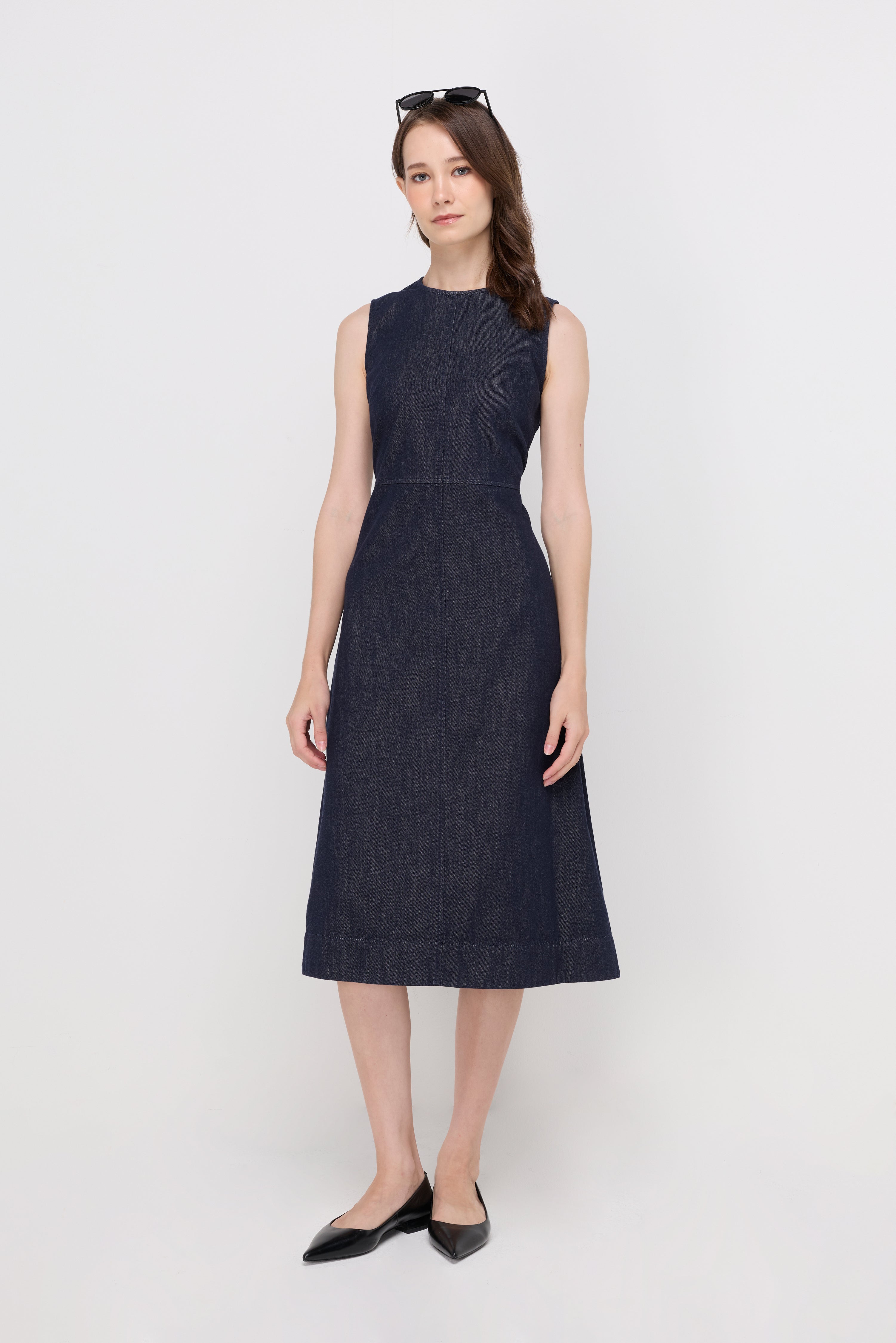 SLEEVELESS DENIM FIT-AND-FLARE DRESS