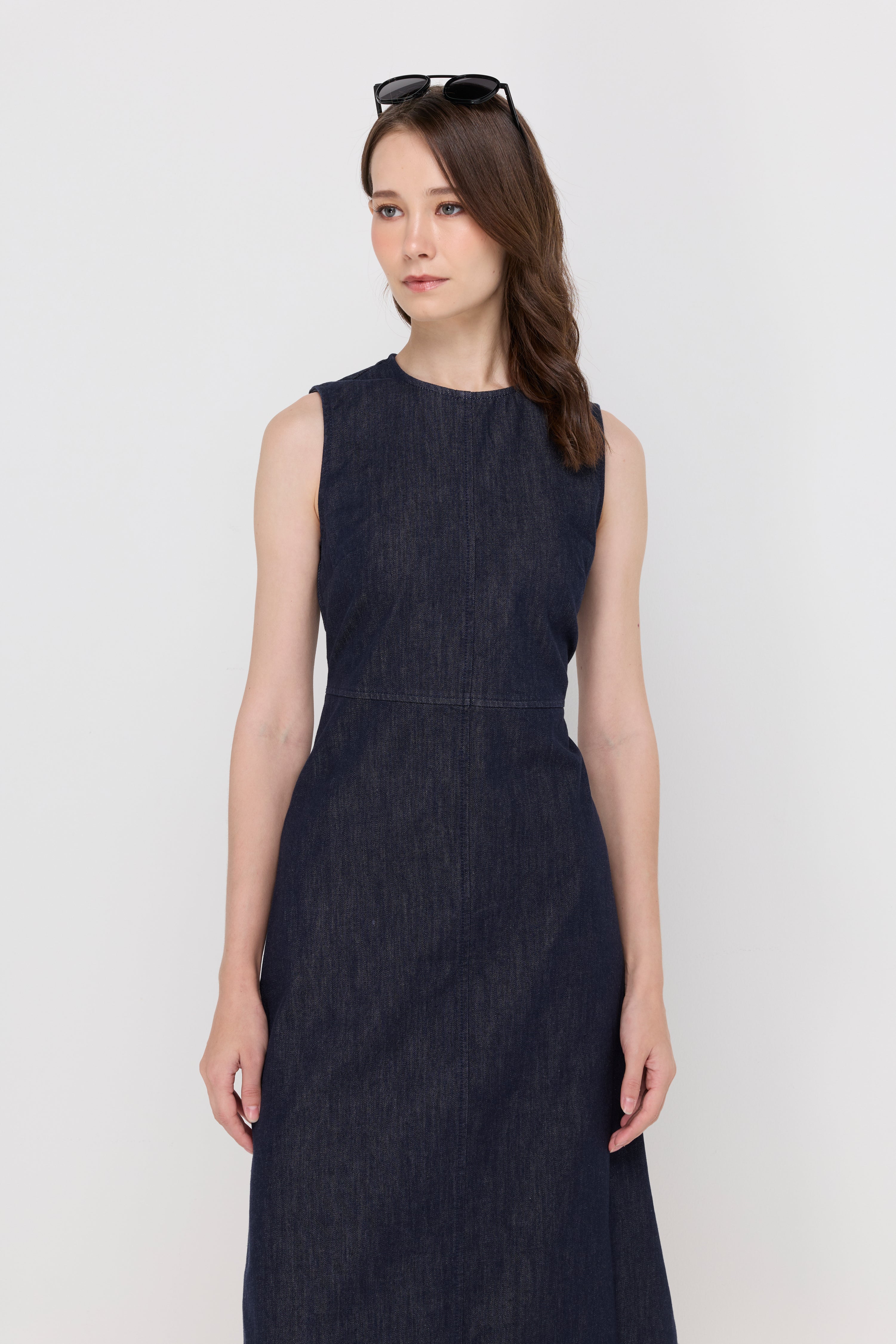 SLEEVELESS DENIM FIT-AND-FLARE DRESS