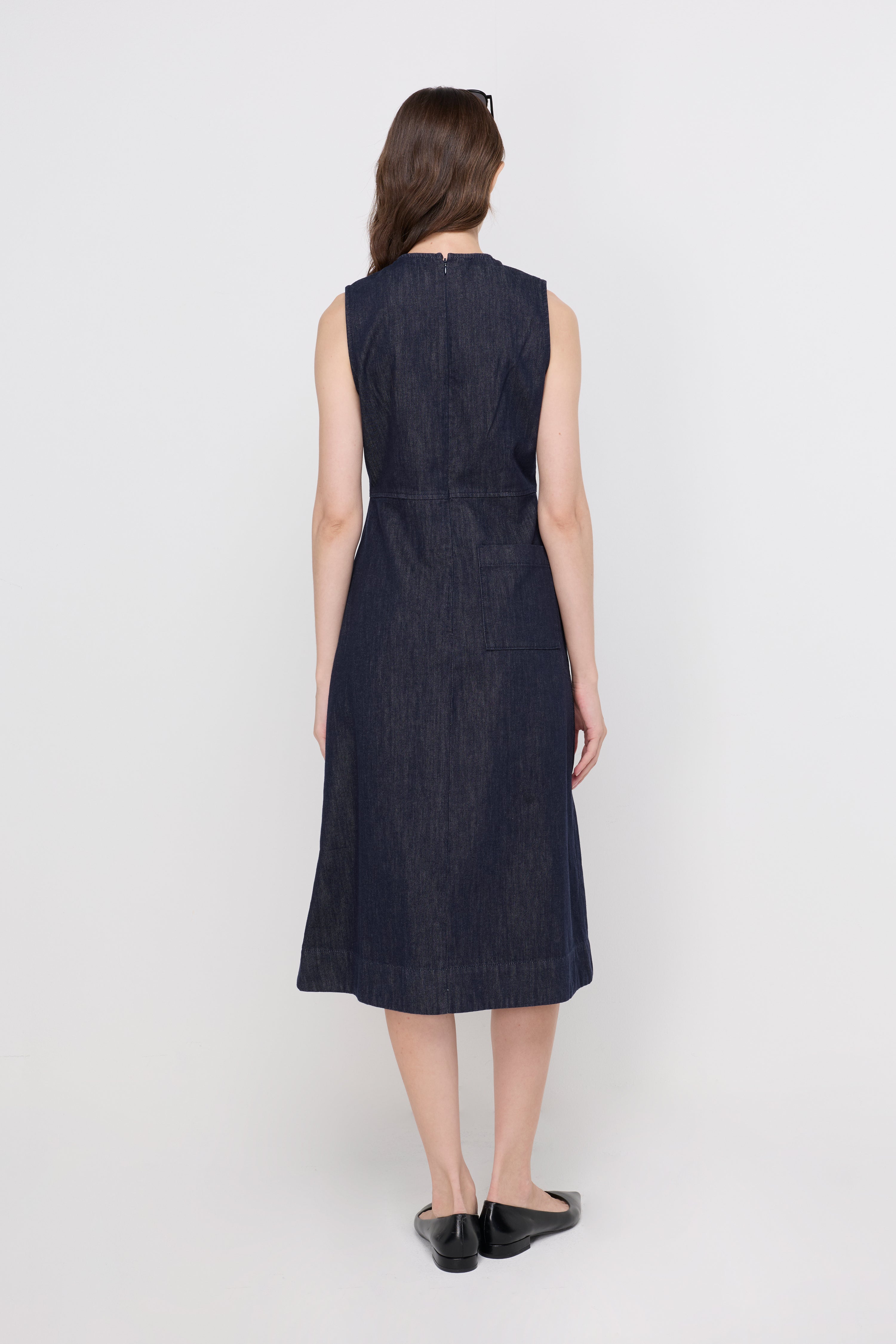 SLEEVELESS DENIM FIT-AND-FLARE DRESS