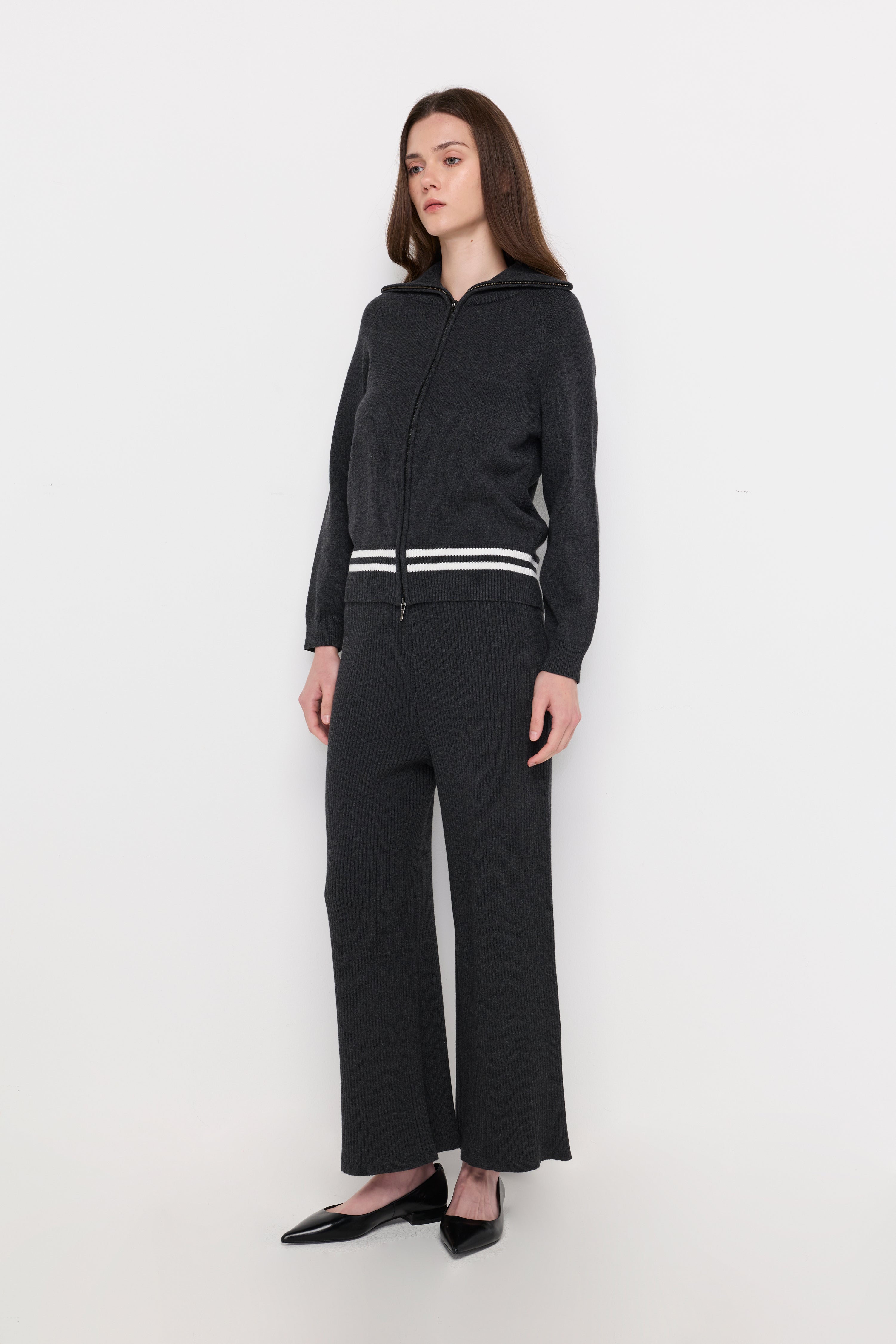 CONTRAST WAIST KNIT WIDE-LEG PANTS