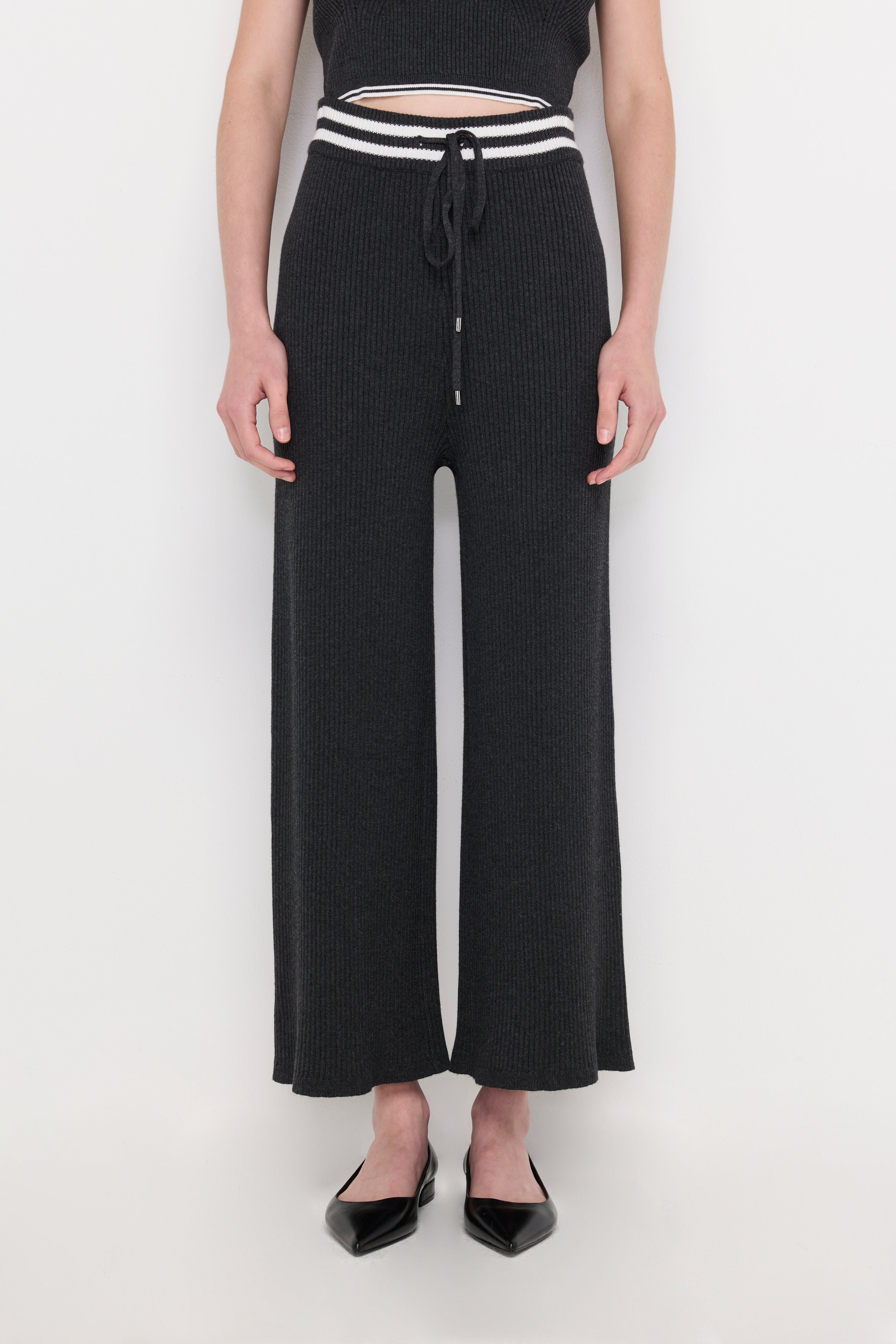 CONTRAST WAIST KNIT WIDE-LEG PANTS