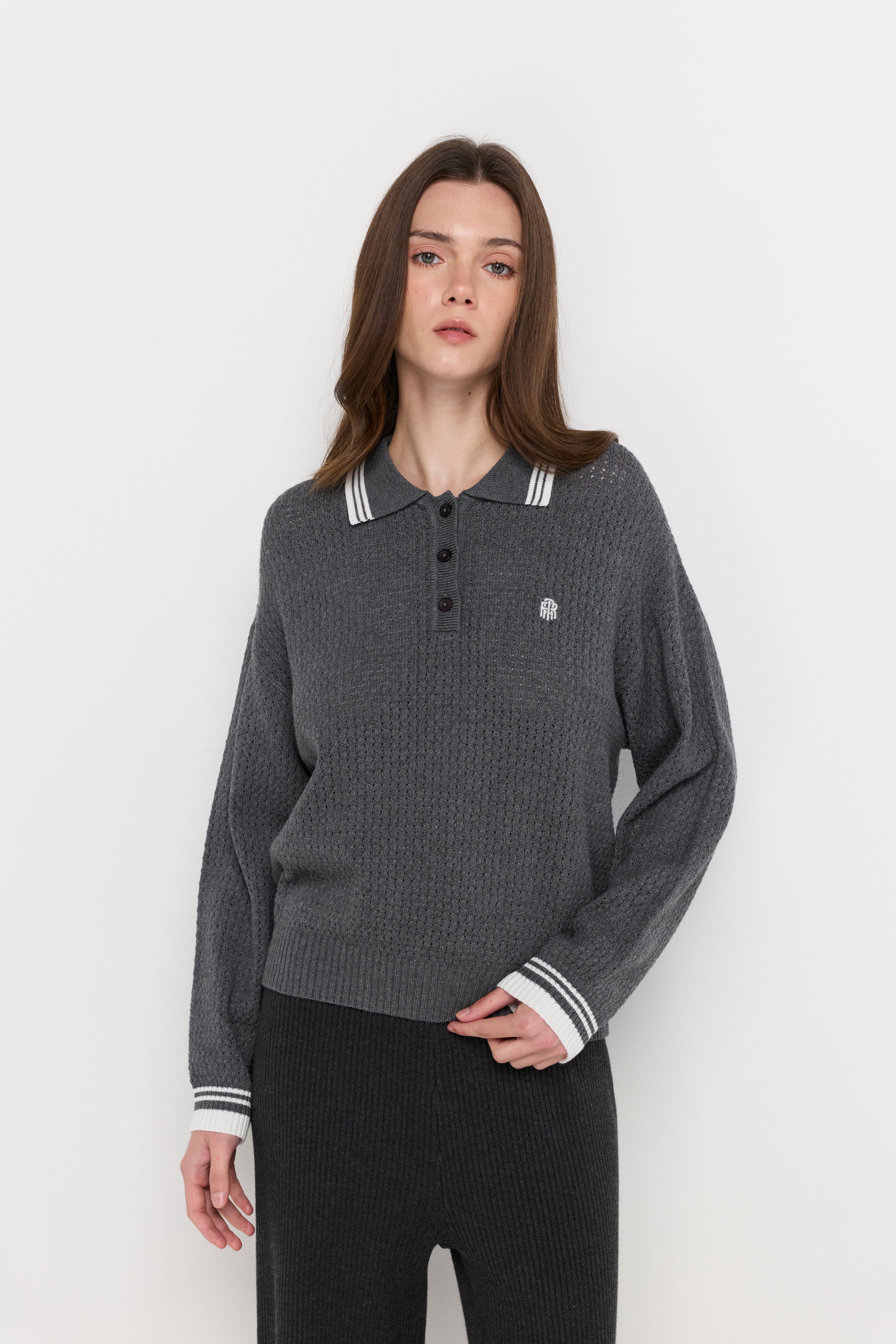 TEXTURED KNIT POLO SWEATER