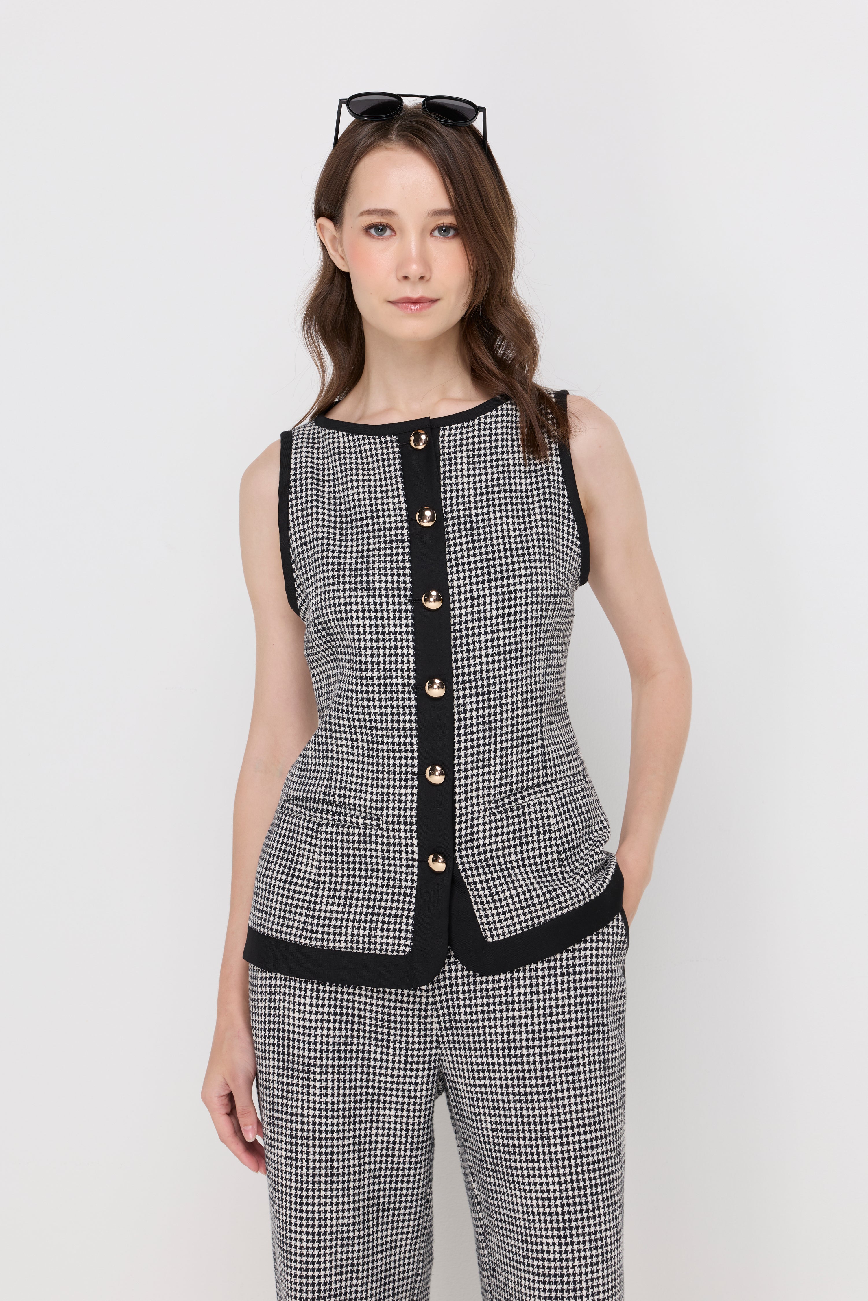 HOUNDSTOOTH CONTRAST-TRIM VEST TOP