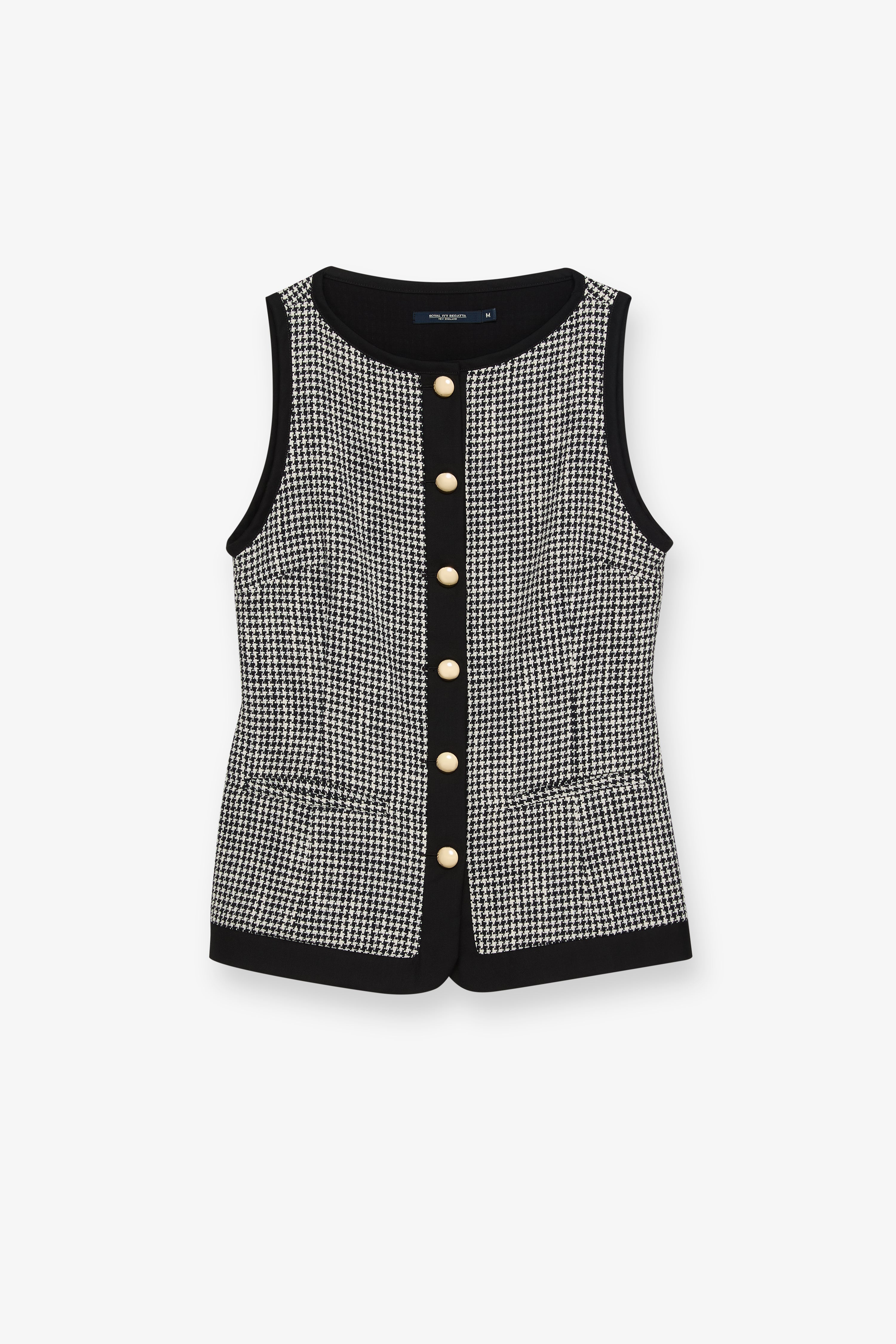 เสื้อกั๊กแขนกุดพิมพ์ลาย Houndstooth แต่งขอบทูโทน