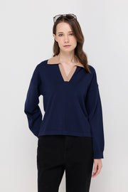 CONTRAST TRIM LONG SLEEVE POLO SWEATER