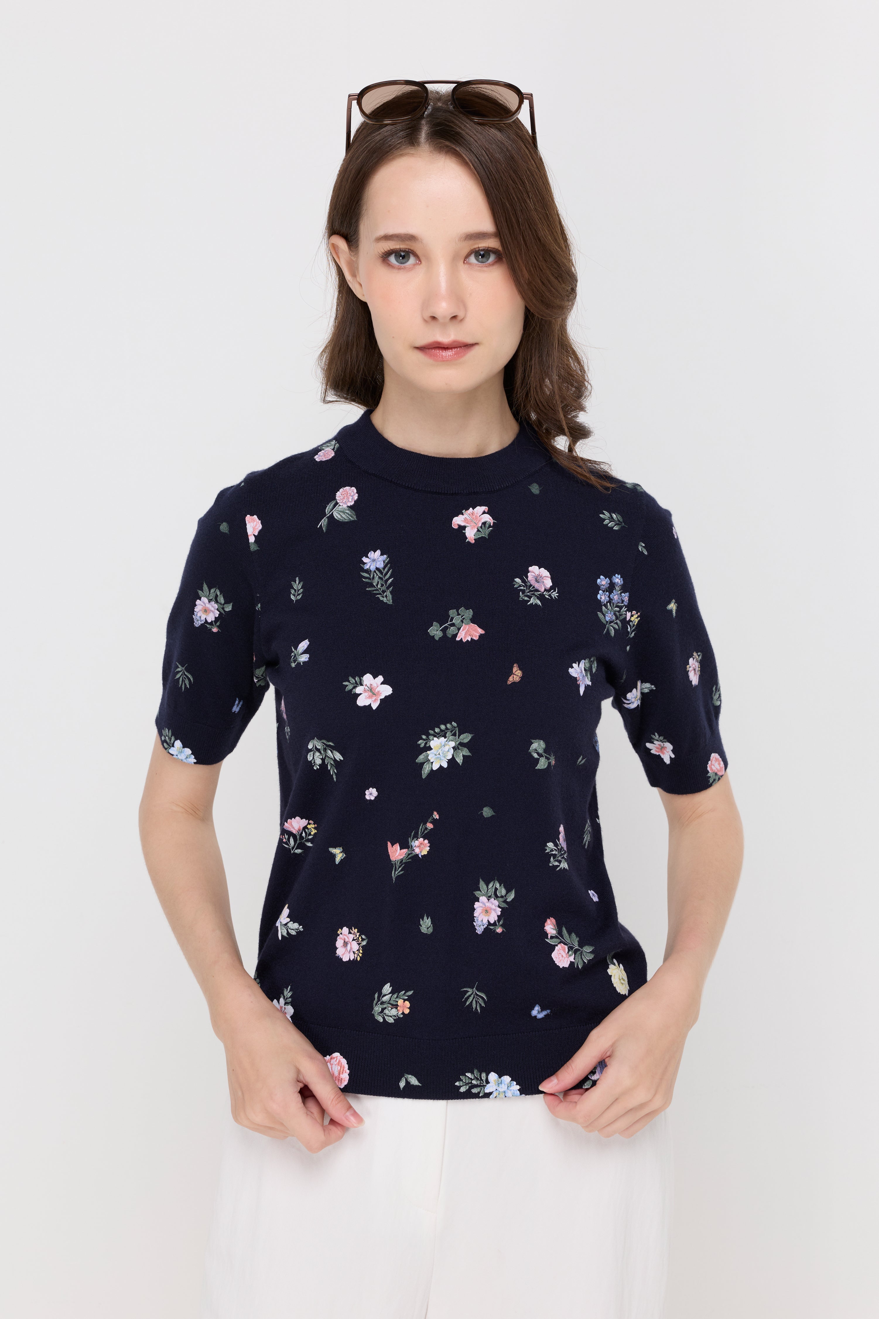 FLORAL PRINT RIBBED KNIT TOP