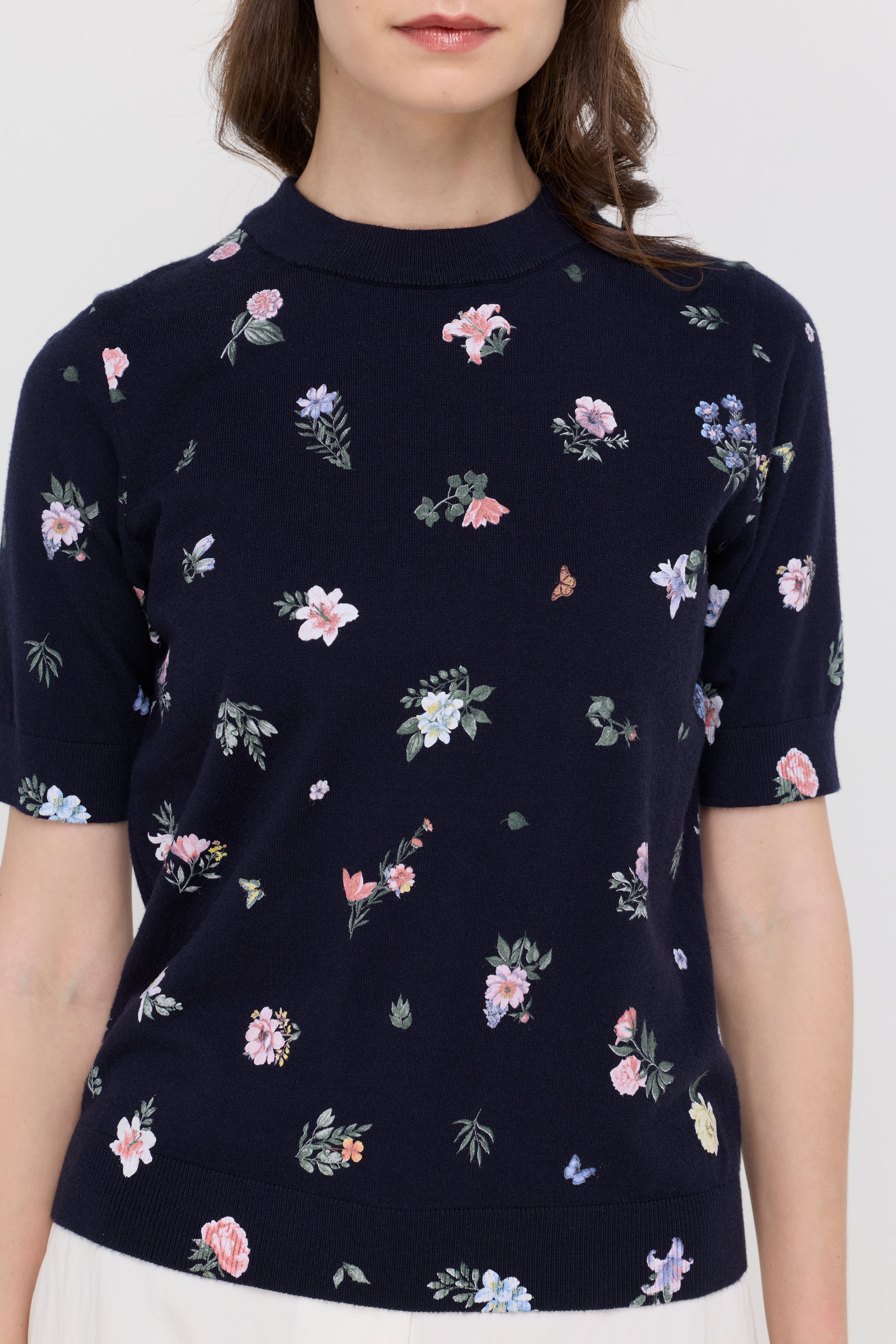 FLORAL PRINT RIBBED KNIT TOP