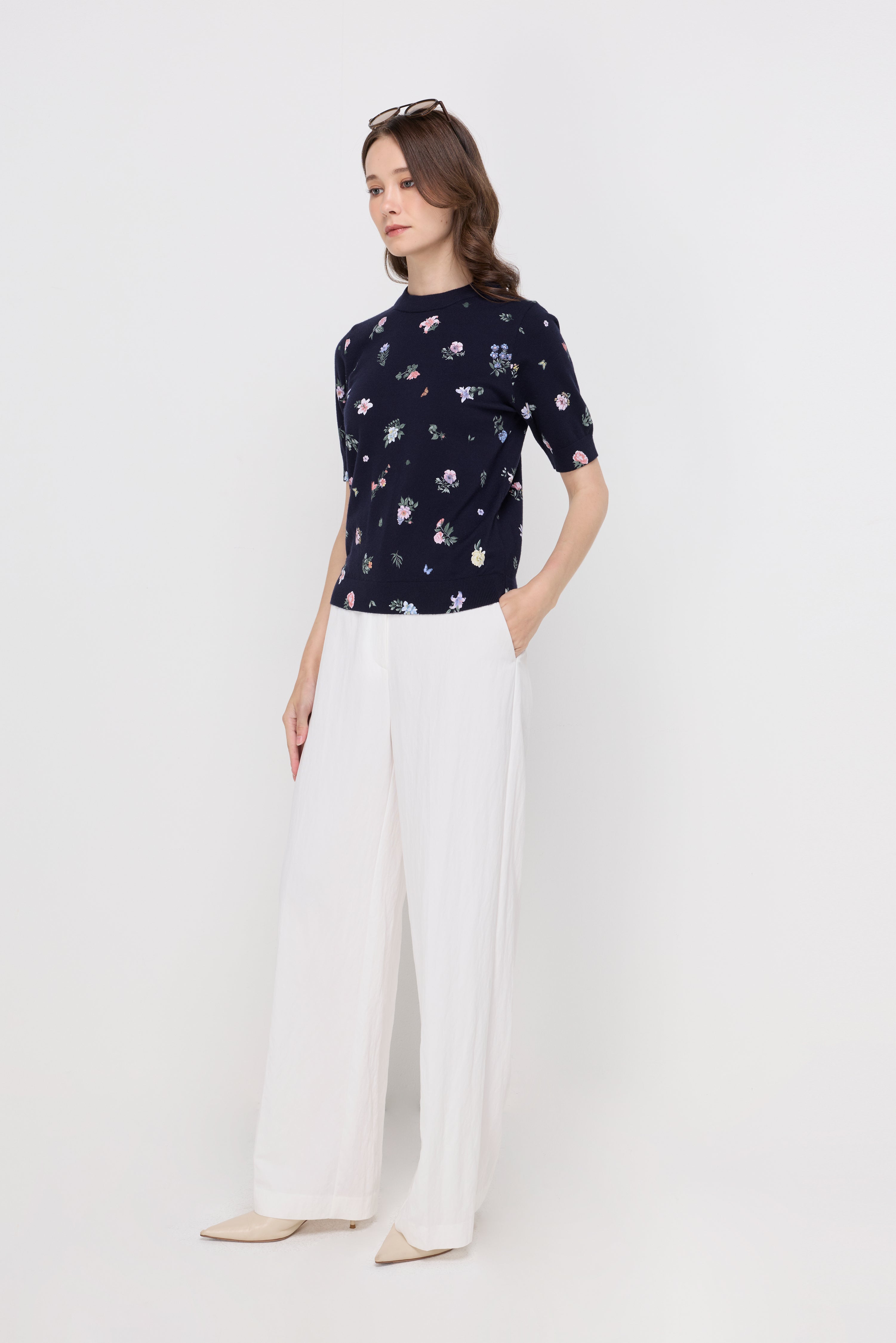 FLORAL PRINT RIBBED KNIT TOP