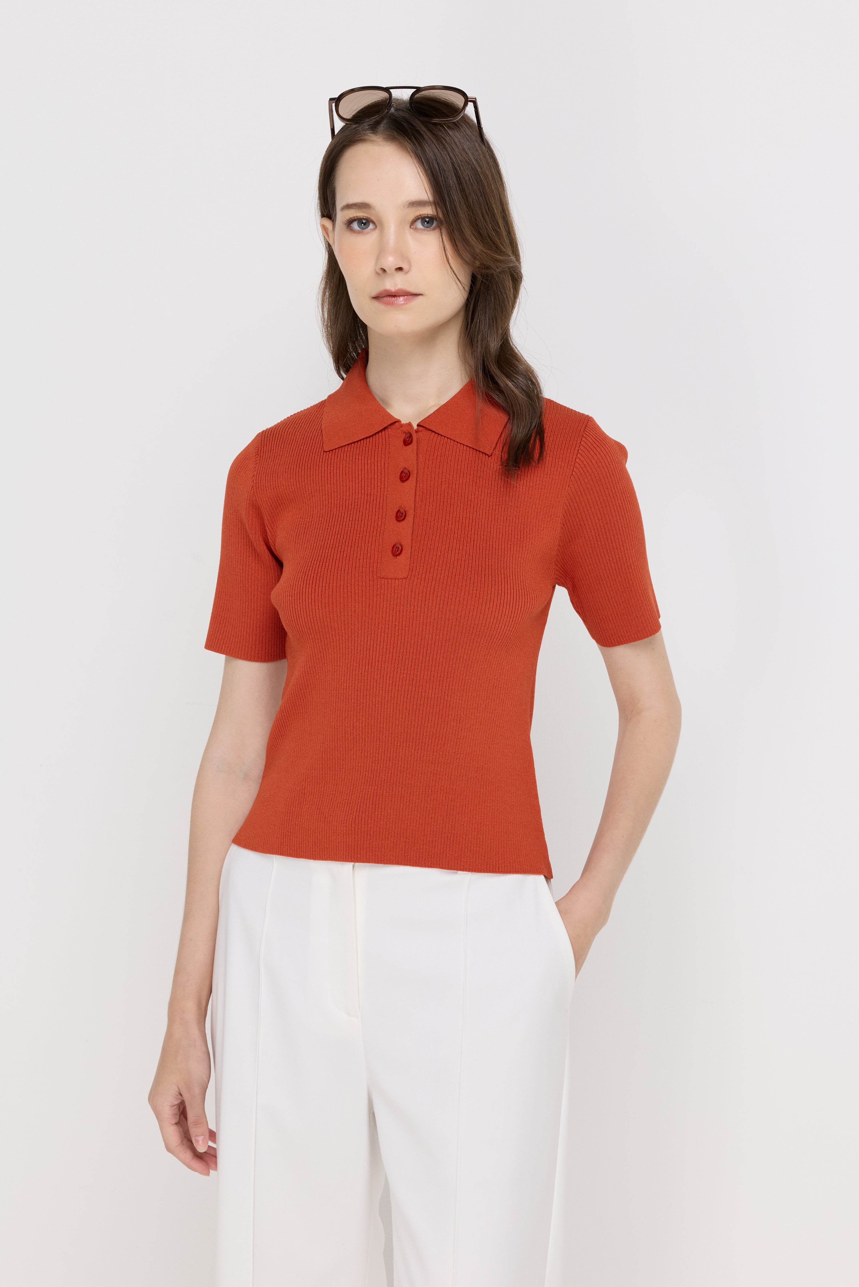 RIBBED KNIT POLO TOP