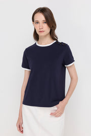 CONTRAST TRIM BUTTON-SHOULDER T-SHIRT