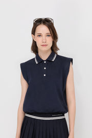 CONTRAST TRIM SLEEVELESS POLO BLOUSE