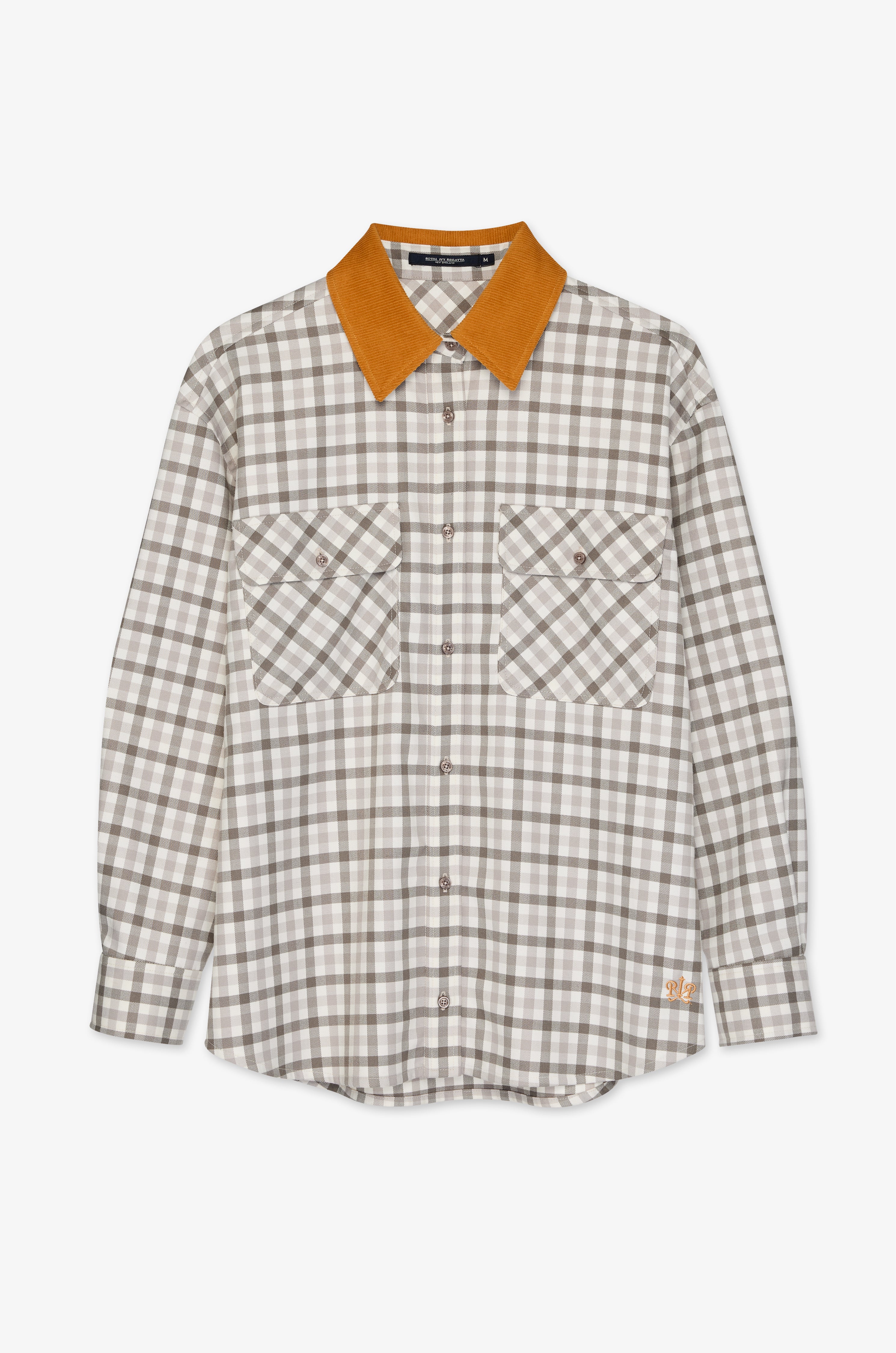 เสื้อเชิ้ตคลุมลายตารางแต่งปกคอนทราสต์