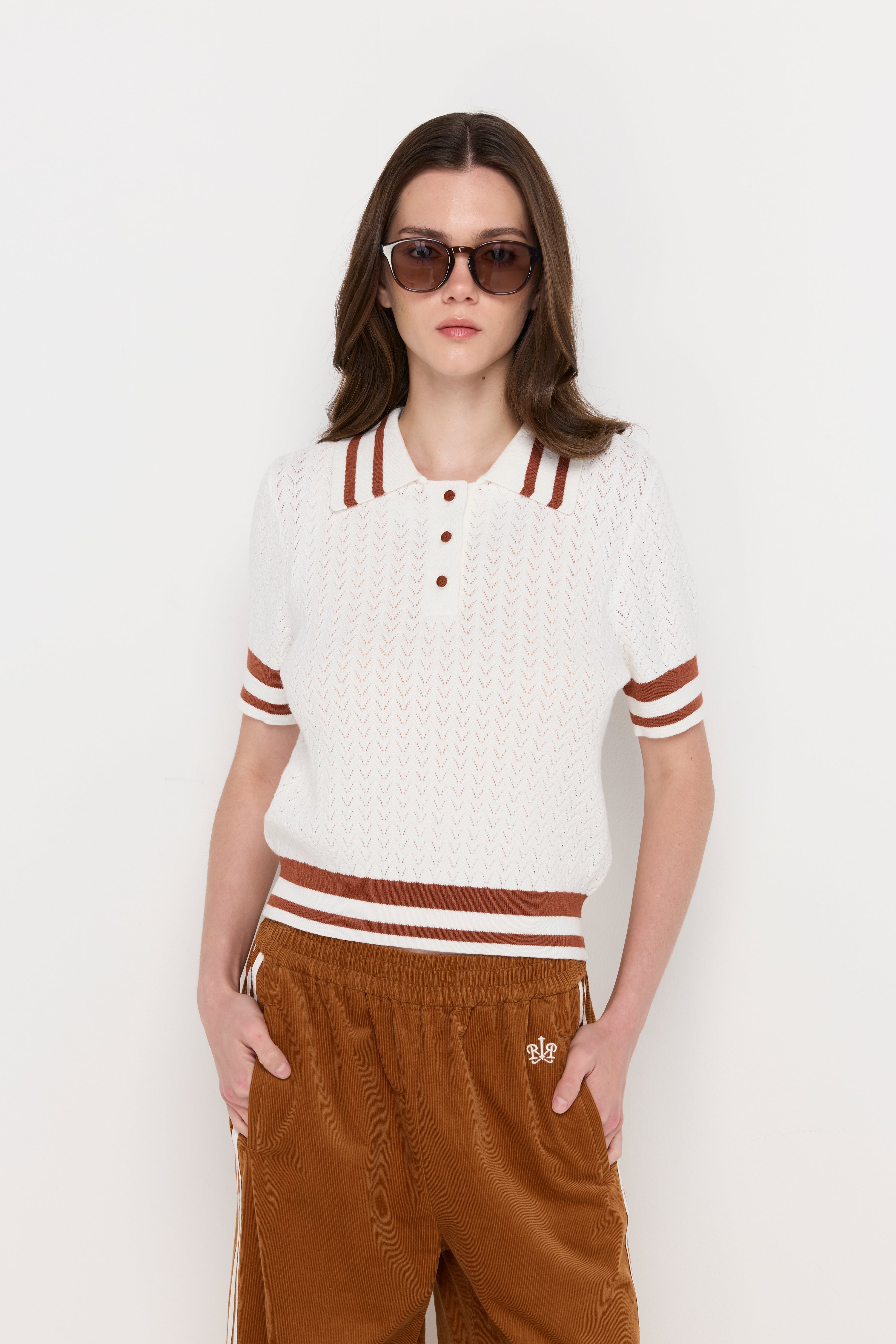 CONTRAST STRIPE OPENWORK KNIT POLO