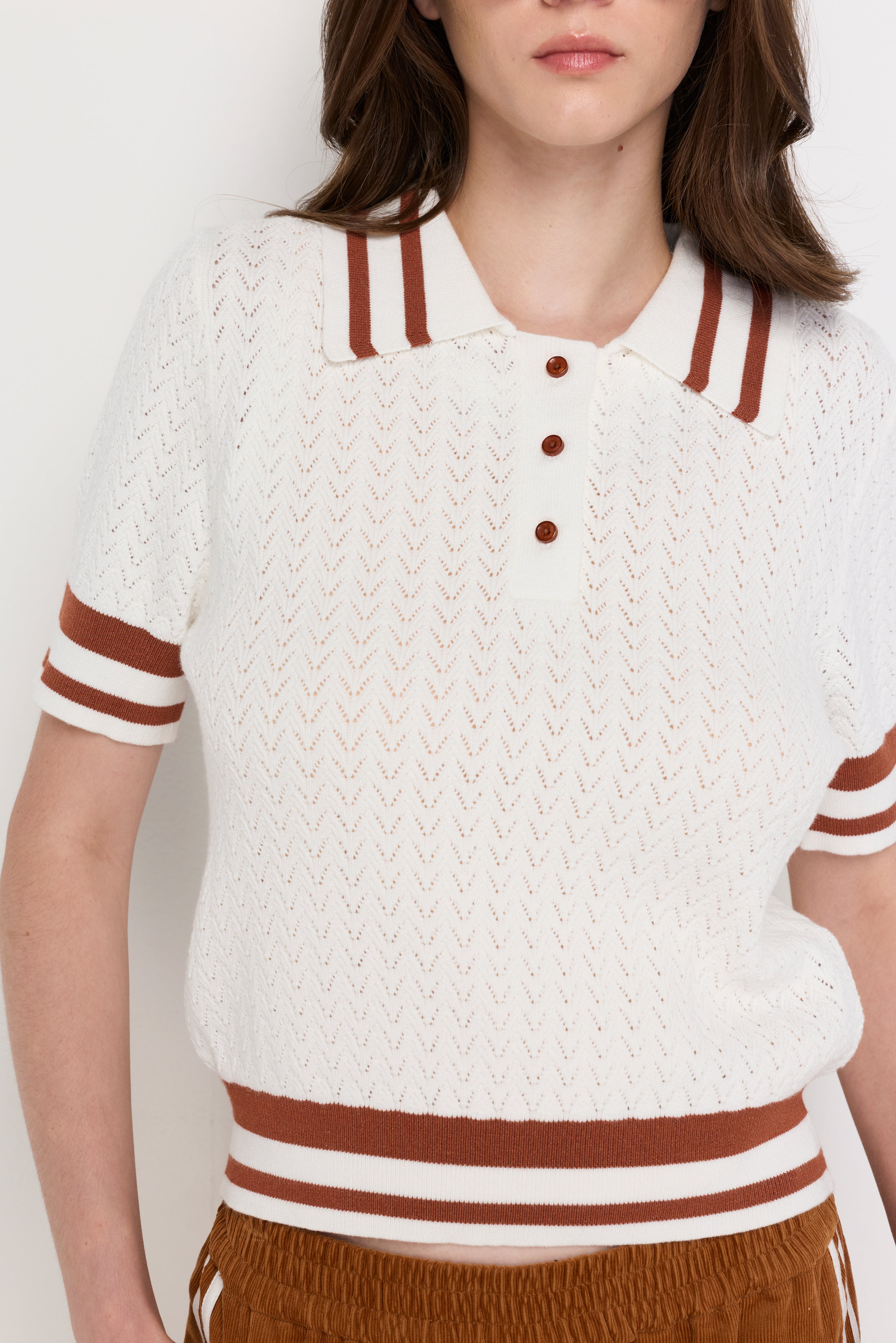 CONTRAST STRIPE OPENWORK KNIT POLO