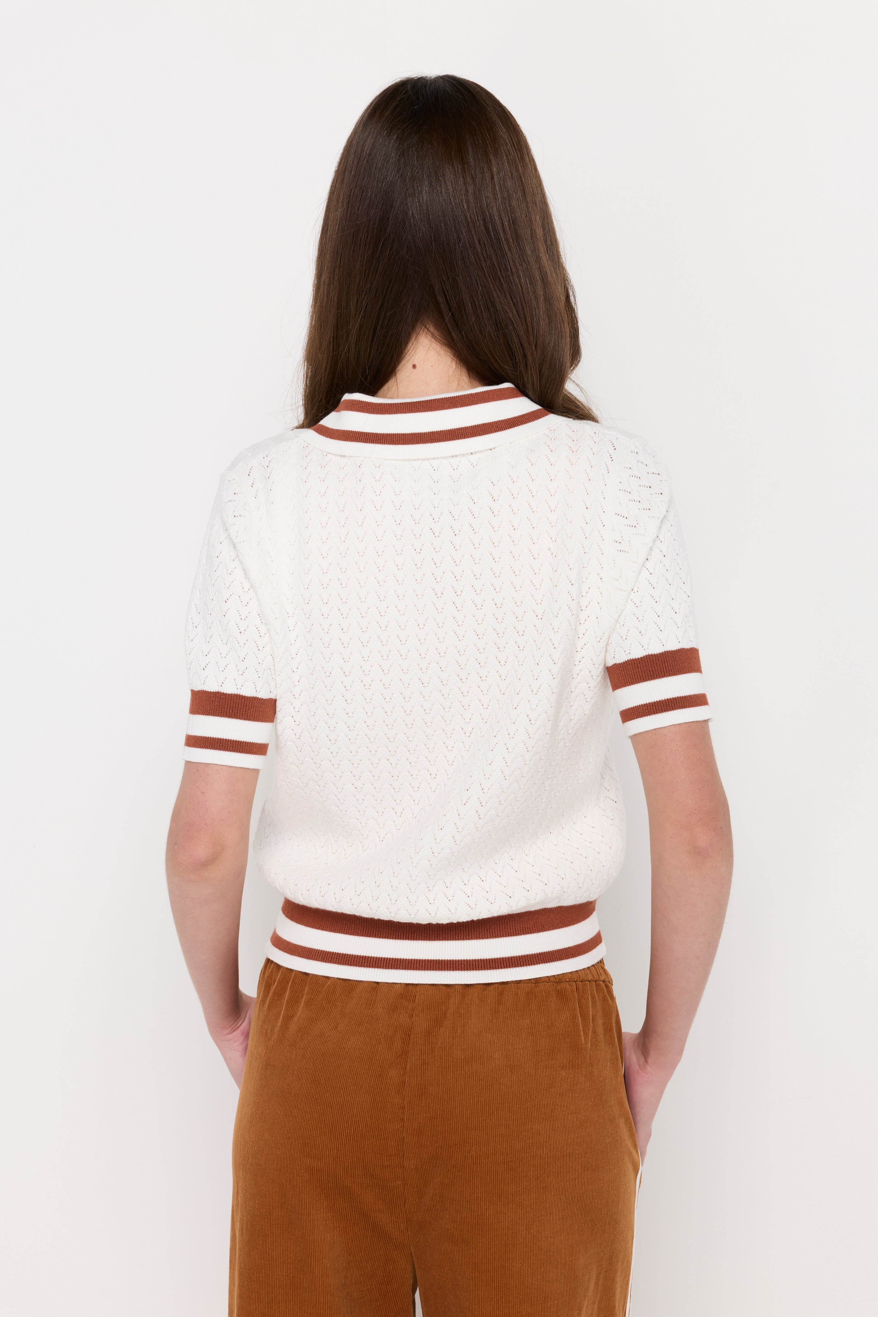 CONTRAST STRIPE OPENWORK KNIT POLO