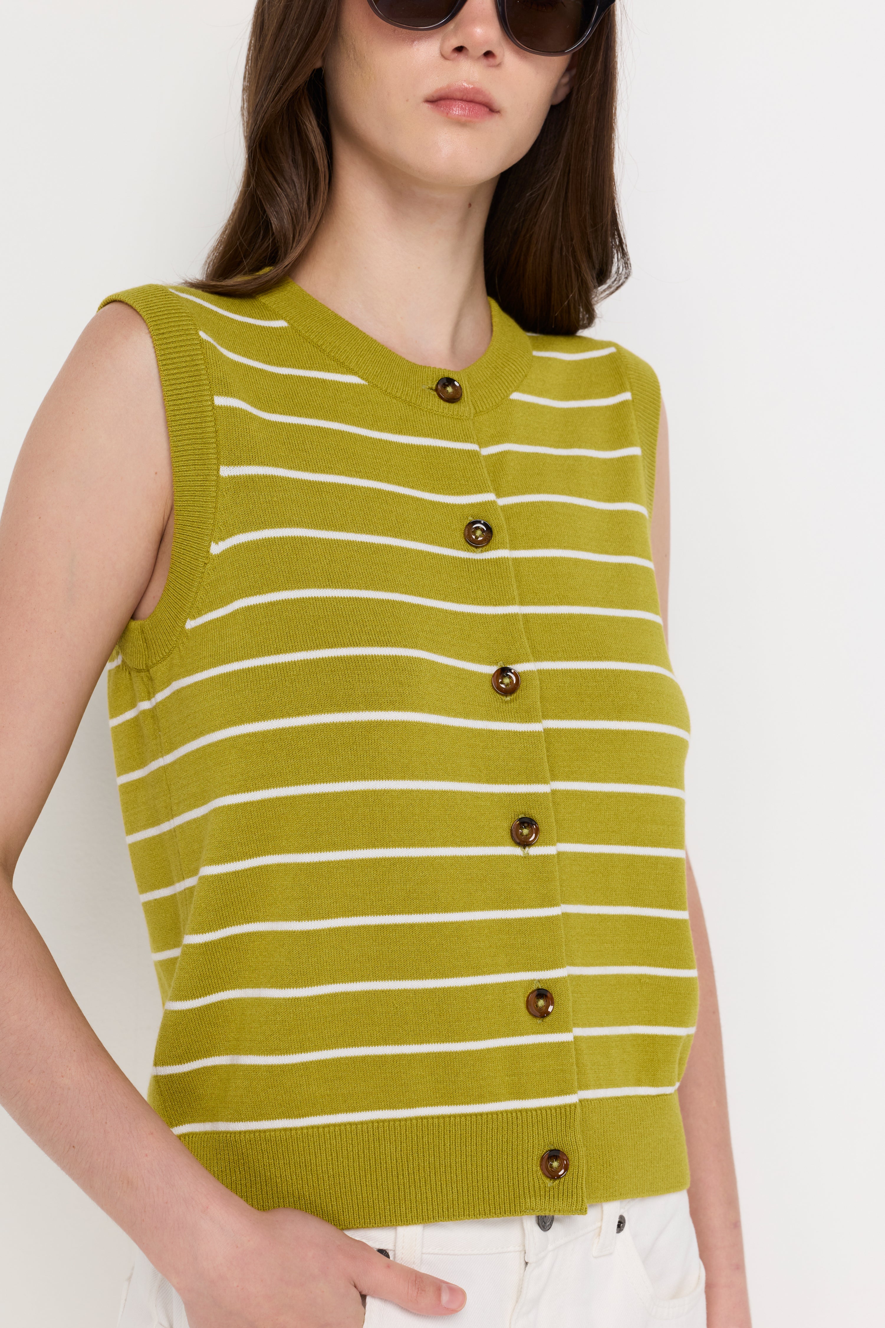 STRIPED BUTTON-FRONT KNIT VEST