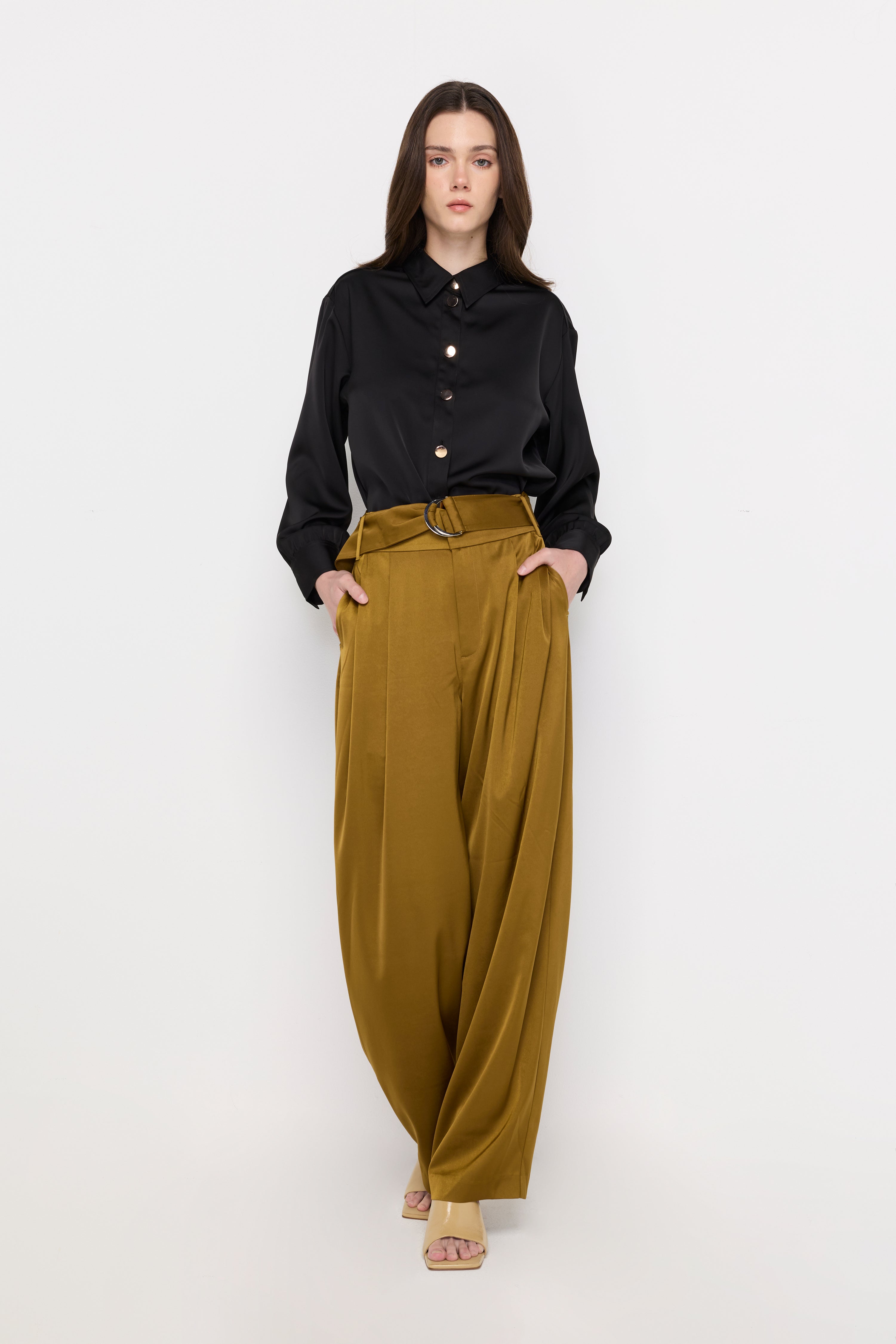 DOUBLE-RING BELTED WIDE-LEG TROUSERS