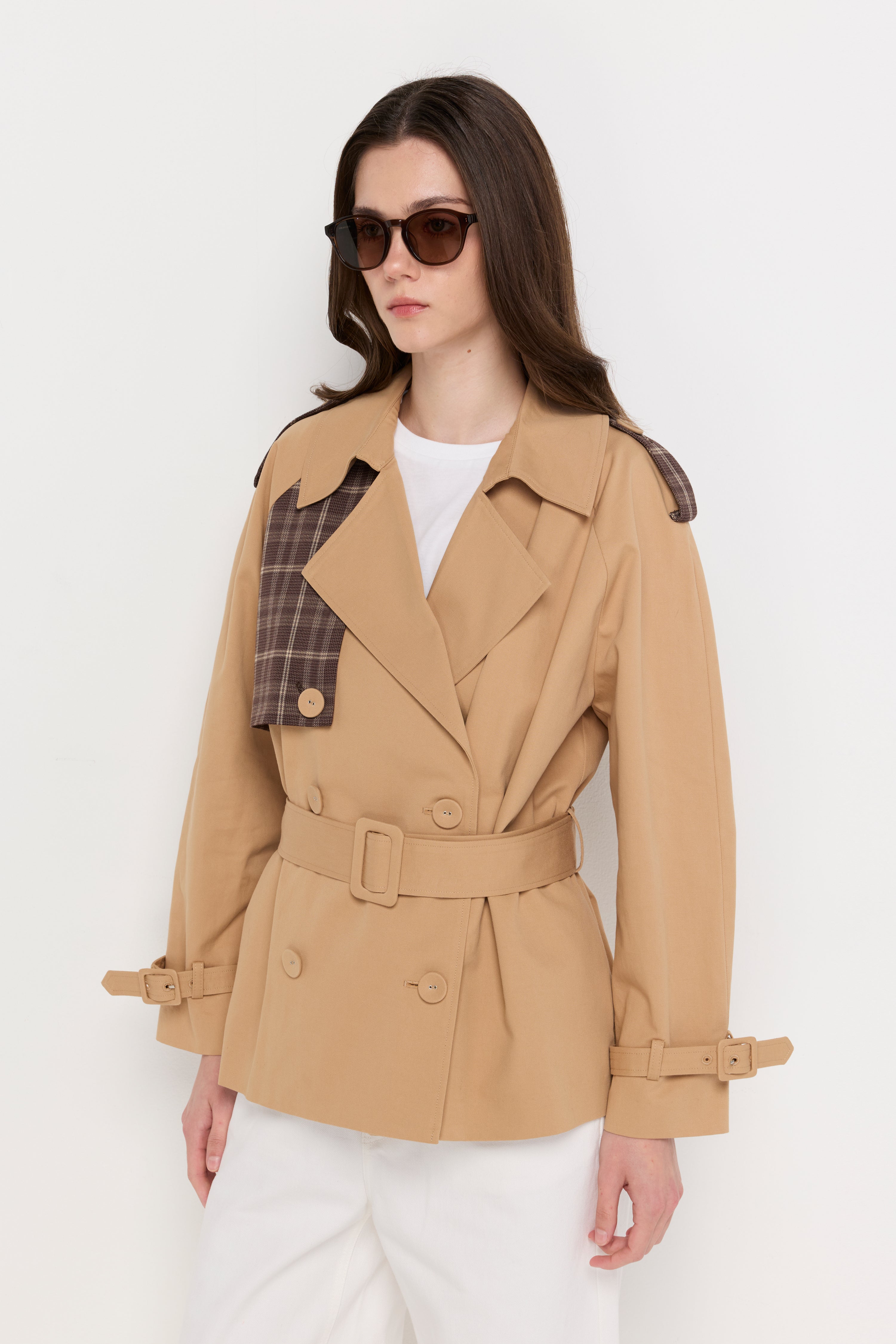 CONTRAST PLAID BELTED TRENCH JACKET