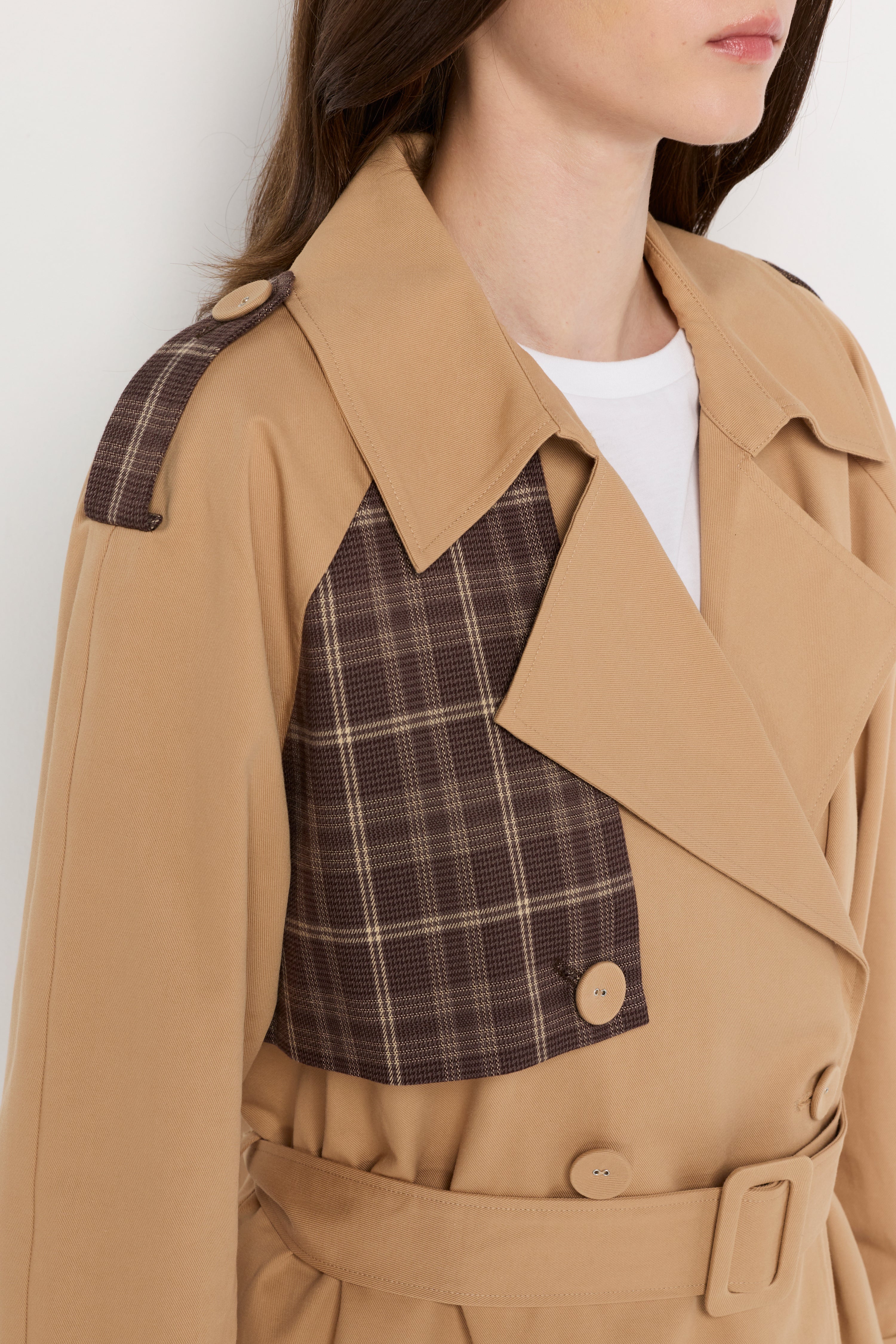 CONTRAST PLAID BELTED TRENCH JACKET