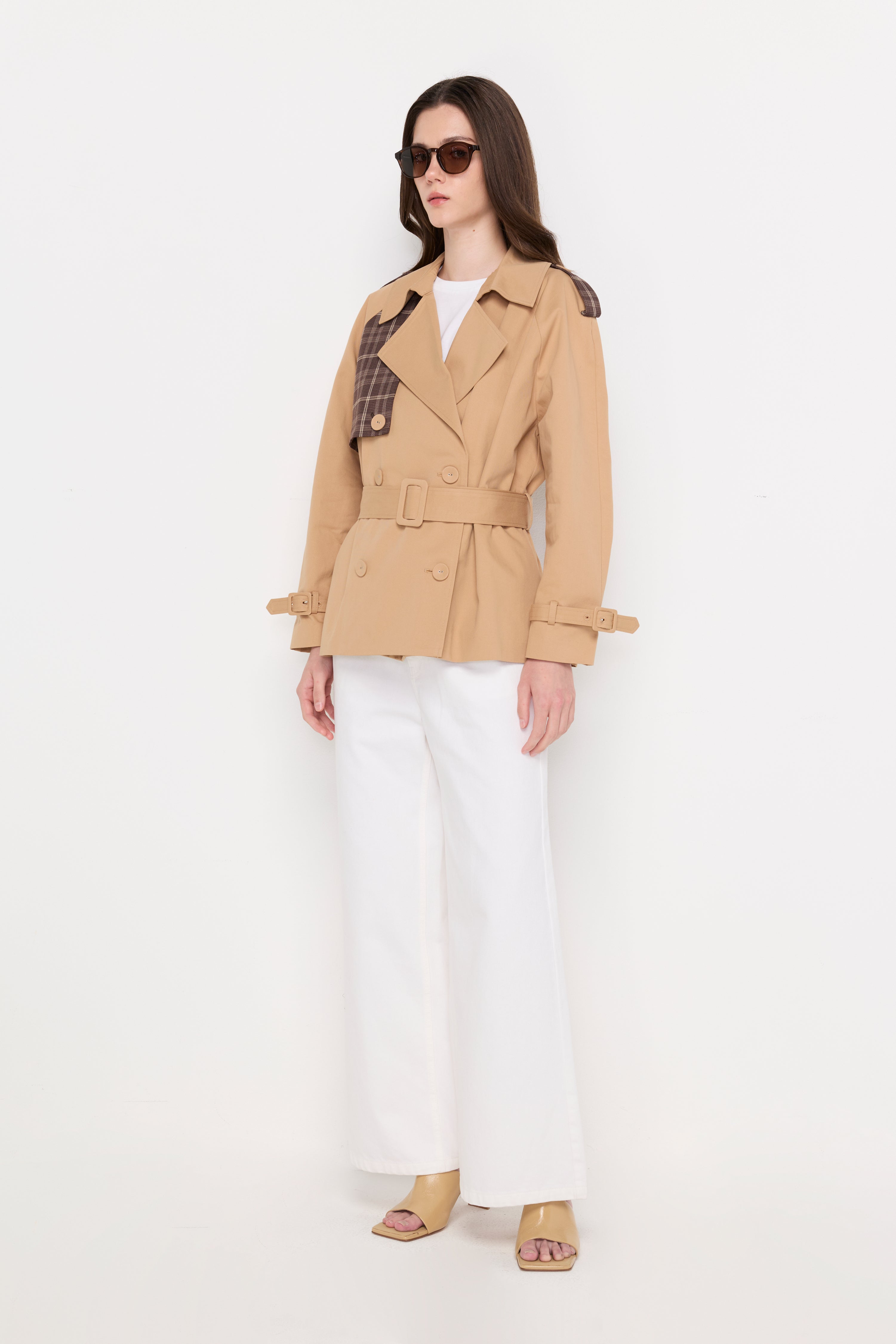 CONTRAST PLAID BELTED TRENCH JACKET