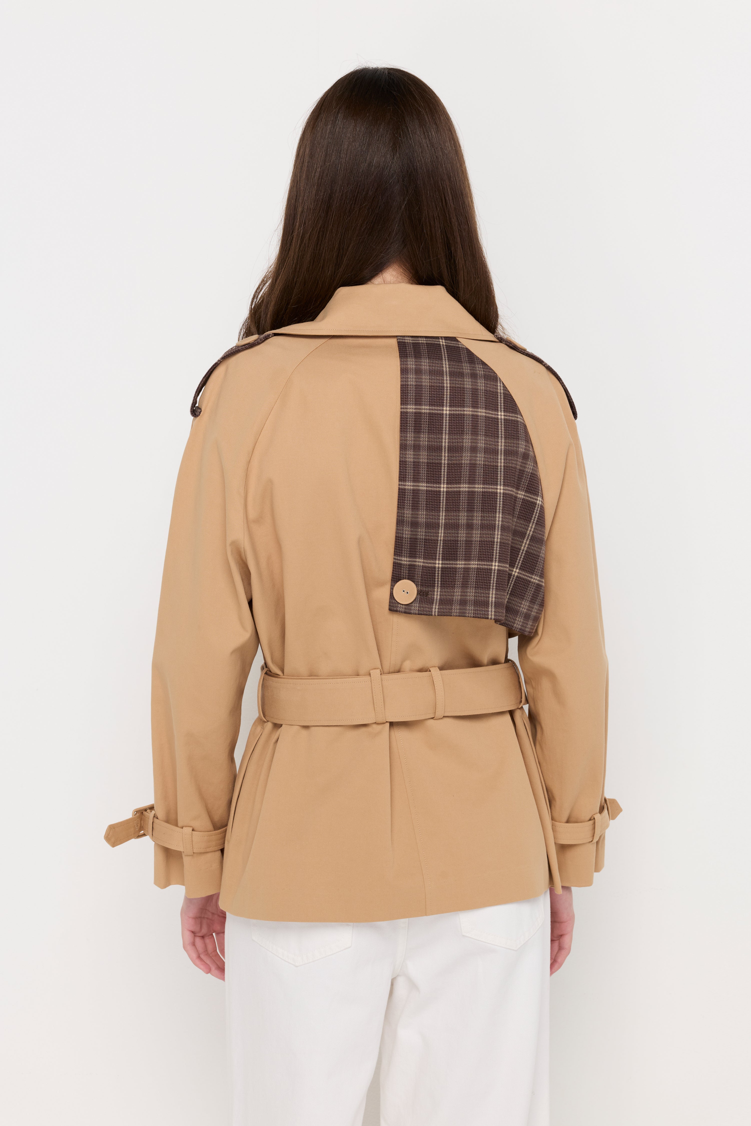 CONTRAST PLAID BELTED TRENCH JACKET