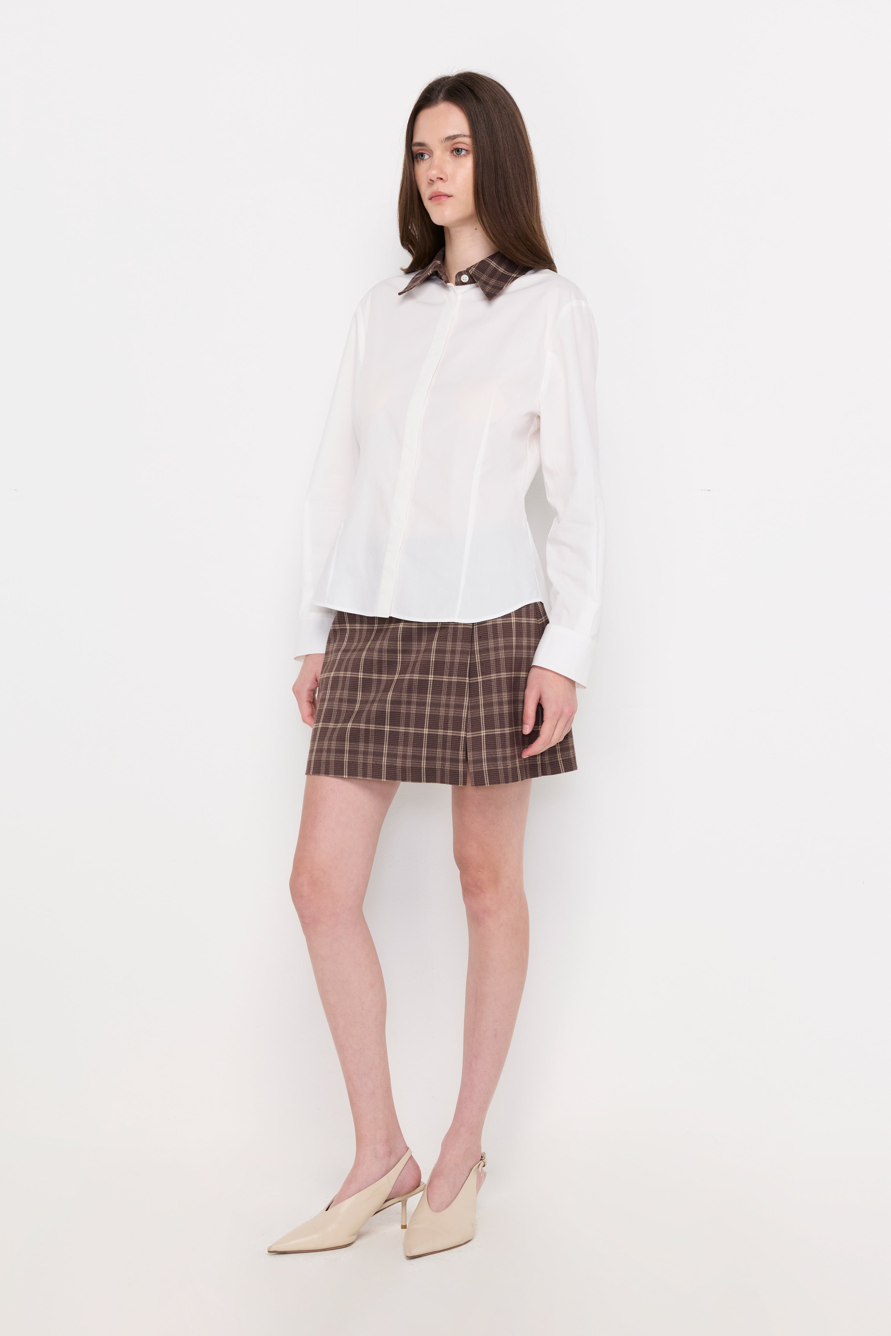 CONTRAST PLAID COLLAR BLOUSE