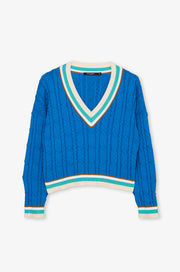 CONTRAST STRIPE CABLE-KNIT V-NECK SWEATER