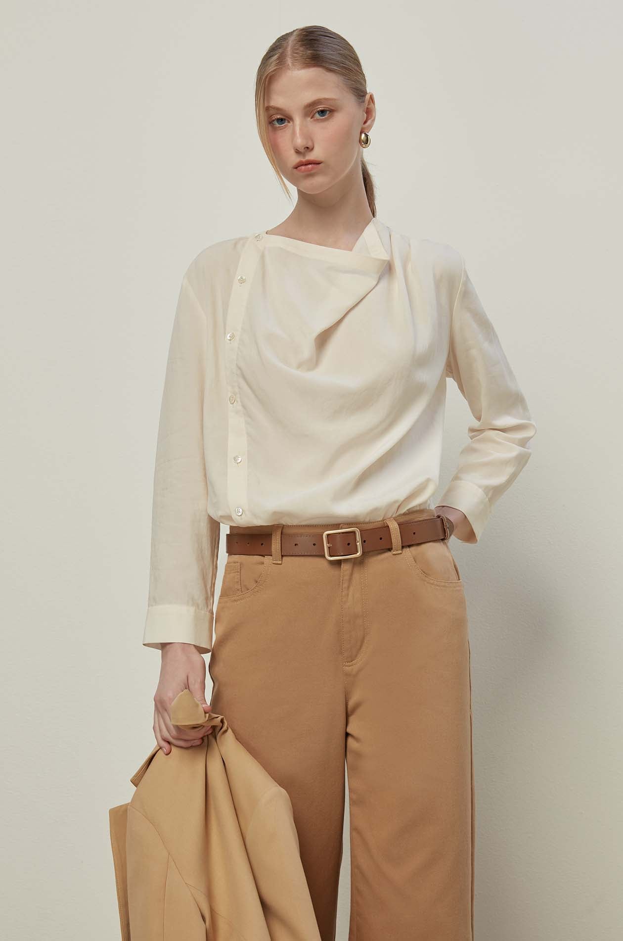 COWL NECK BUTTON-UP BLOUSE