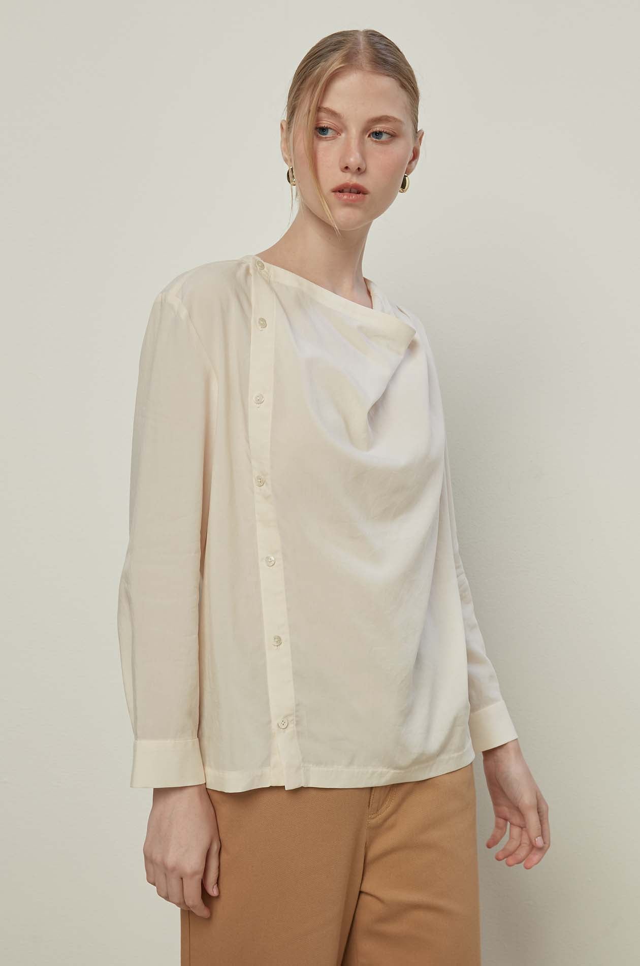 COWL NECK BUTTON-UP BLOUSE