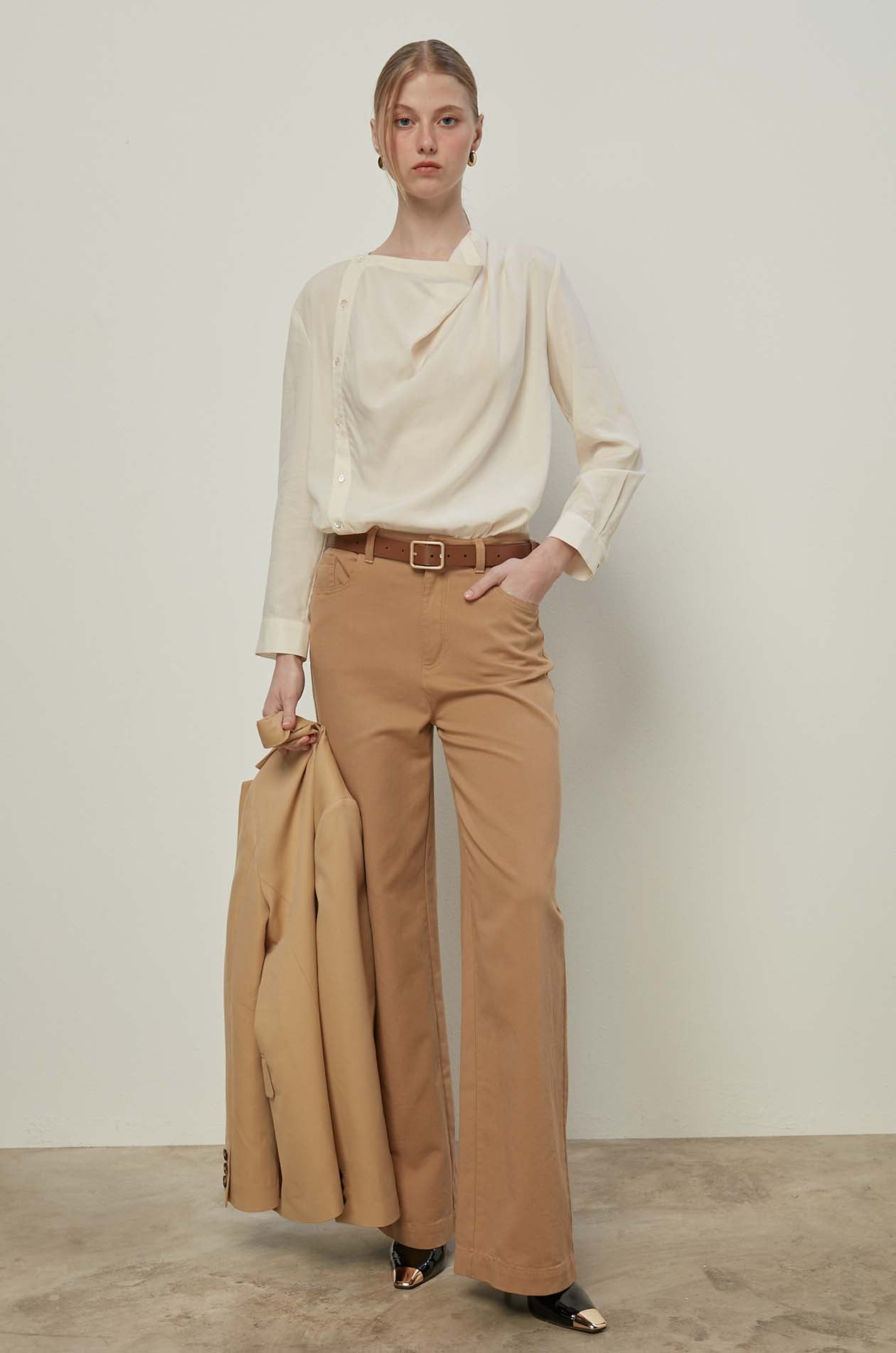COWL NECK BUTTON-UP BLOUSE