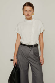 BUTTON-DOWN MOCK NECK BLOUSE