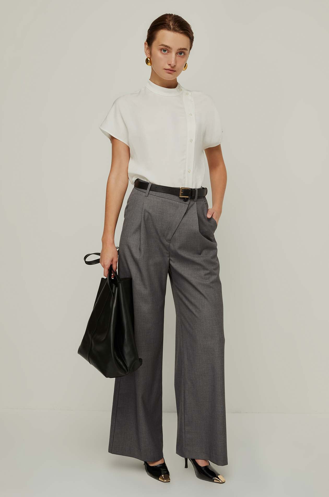 BUTTON-DOWN MOCK NECK BLOUSE