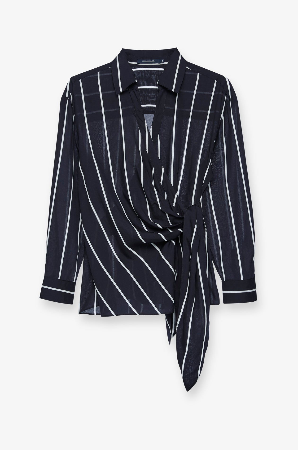 STRIPED WRAP-FRONT TIE BLOUSE