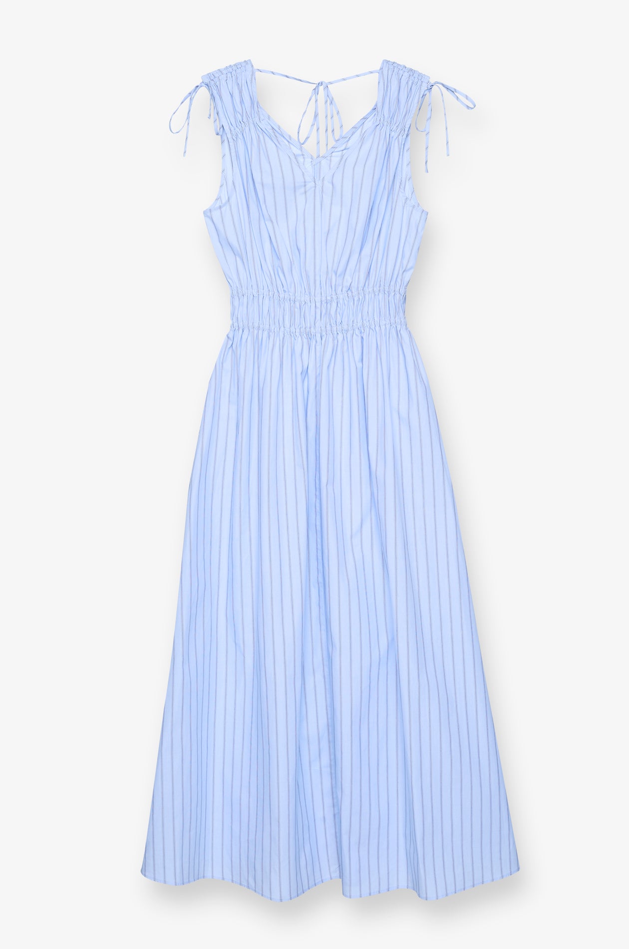GATHERED TIE-SHOULDER MIDI DRESS